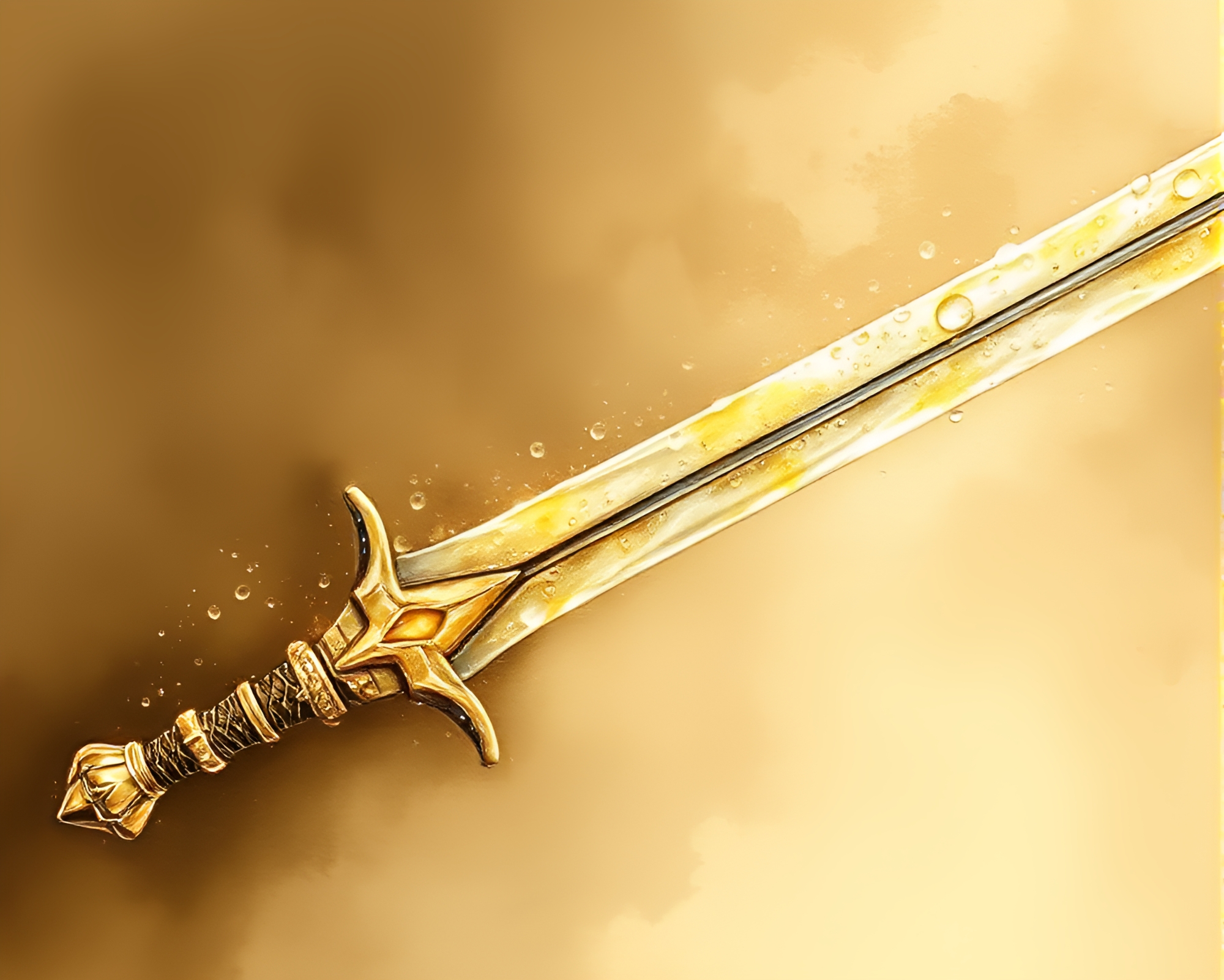 Gouache Painting of Sepia Sword with Dew Drops – free AI stock image