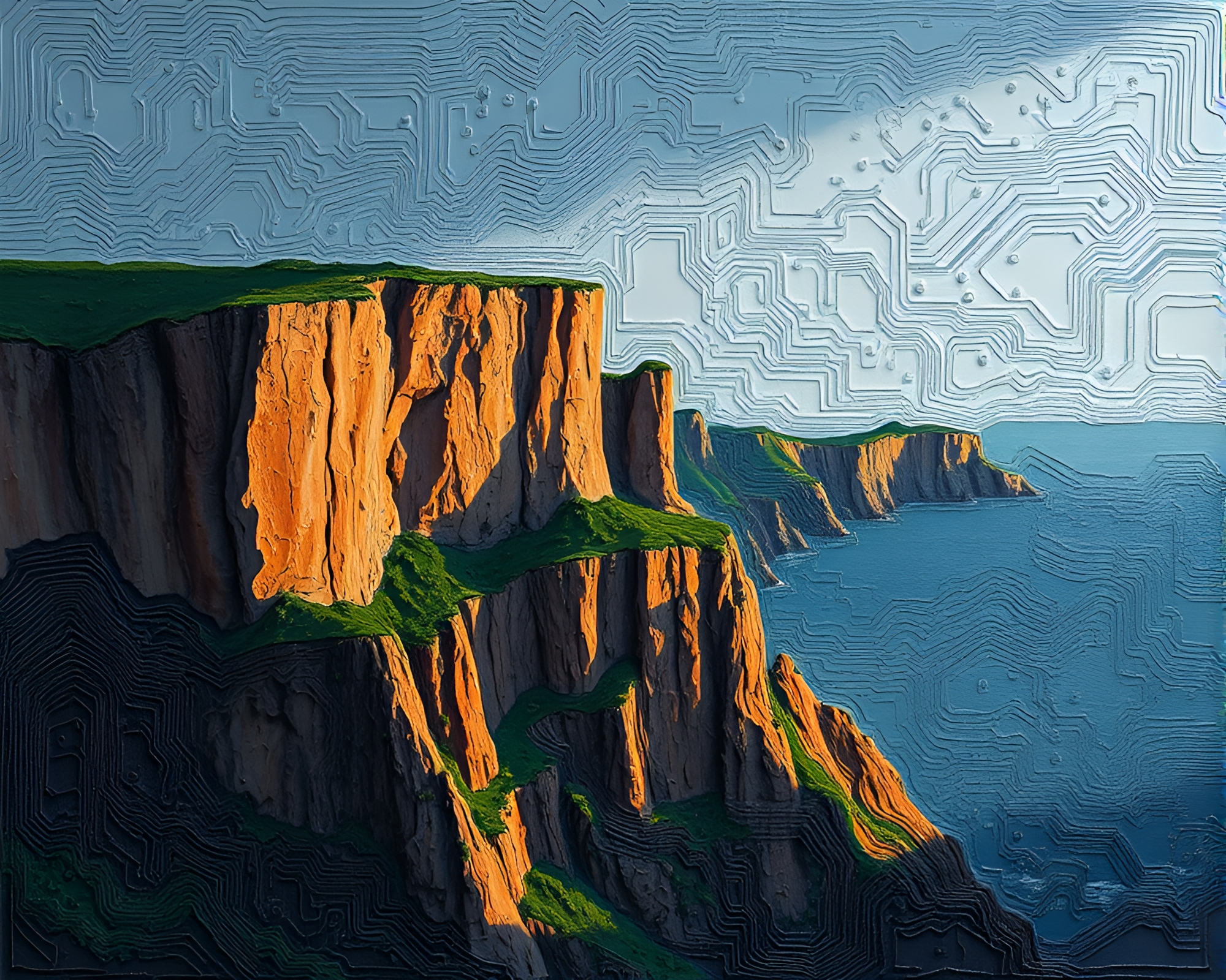 Circuit Board Cliffside: Tempera Painting Depth Layering – free AI stock image