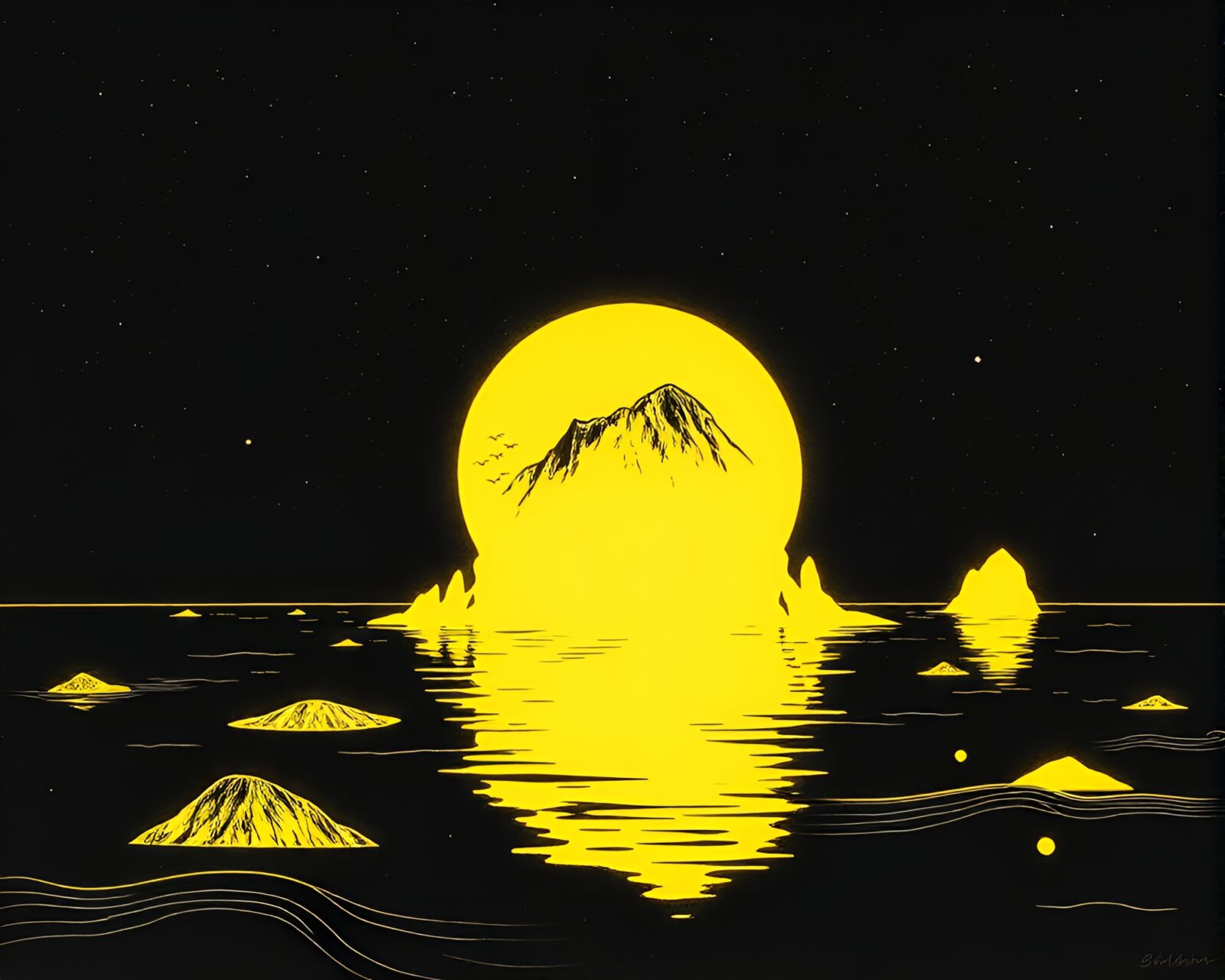 A mesmerizing scene of a floating island illuminated by LED lights in monochrome yellow tones, with intricate woodblock print marks