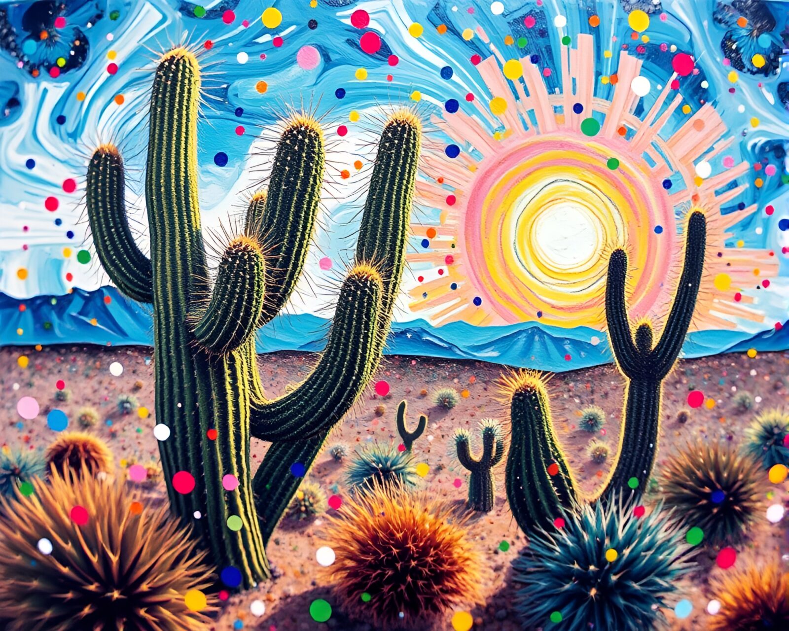 Vibrant acrylic painting of lens-distorted desert cactus