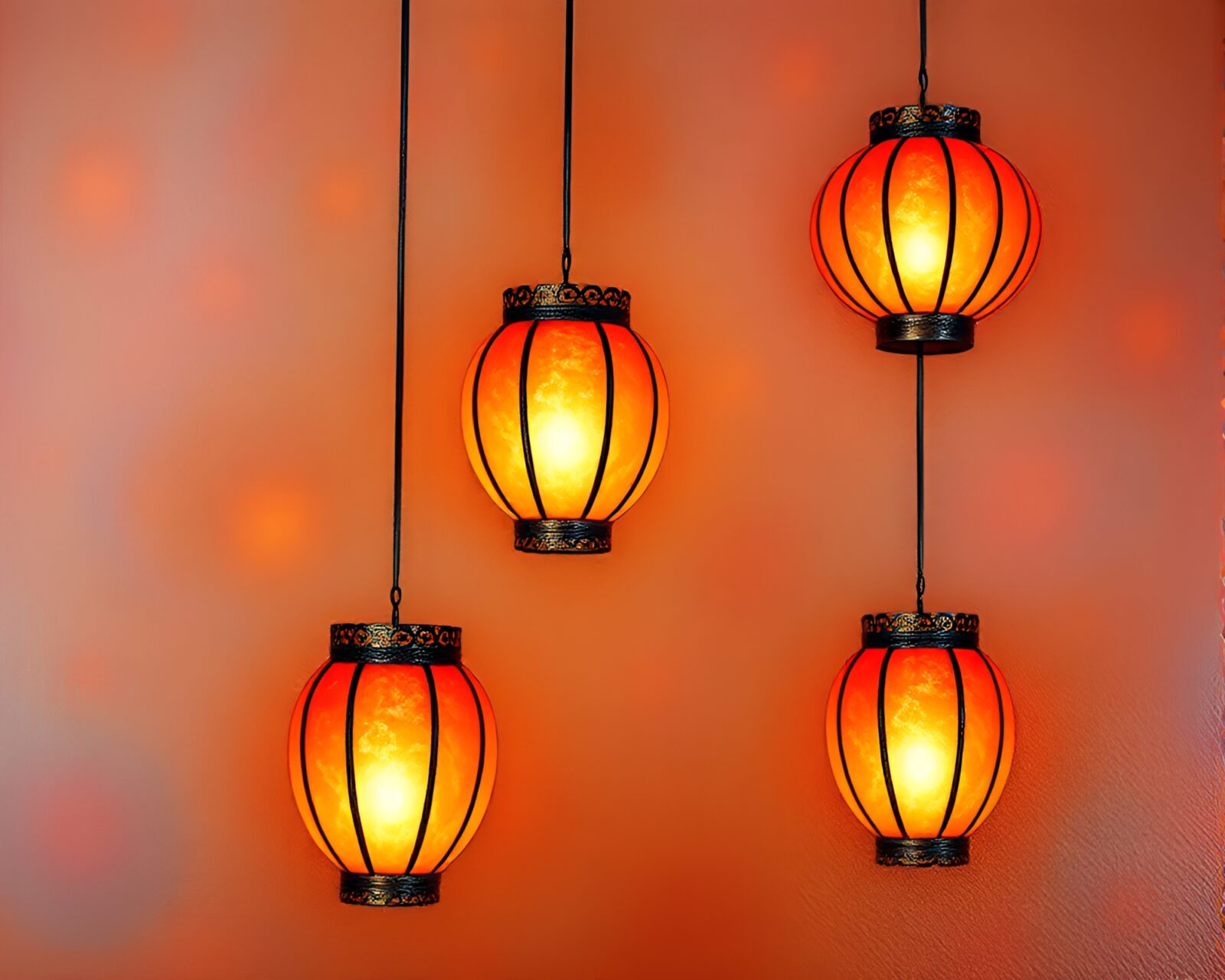 Floating lanterns in vibrant colors against bronze background