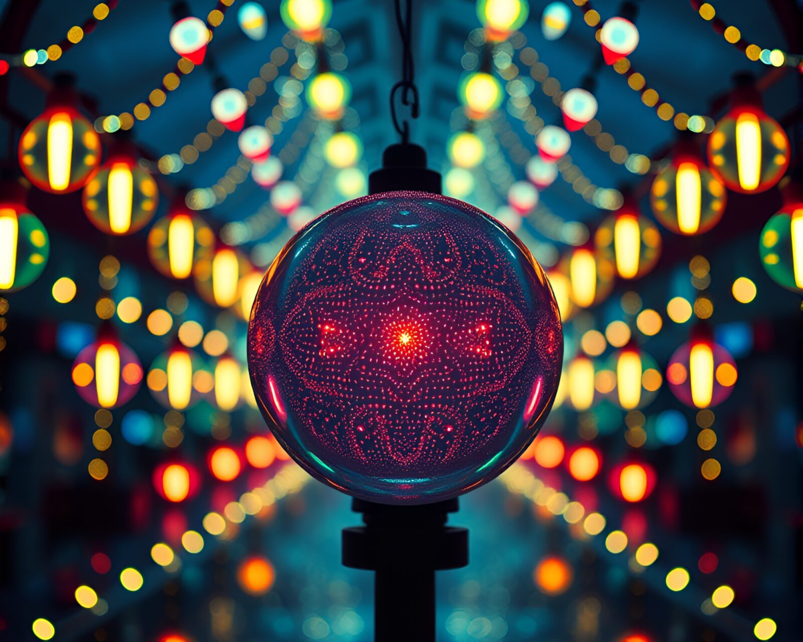 Symmetrical composition of vibrant carnival lights illuminating glass orb