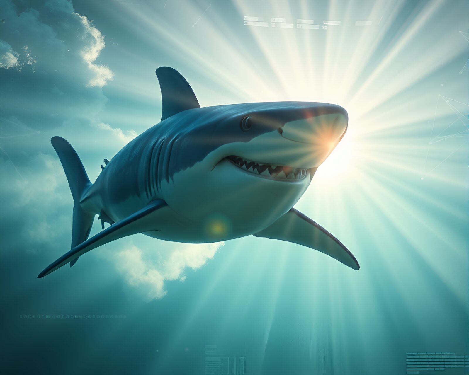 Futuristic shark overlaid with digital HUD, bathed in sun rays amid steam clouds