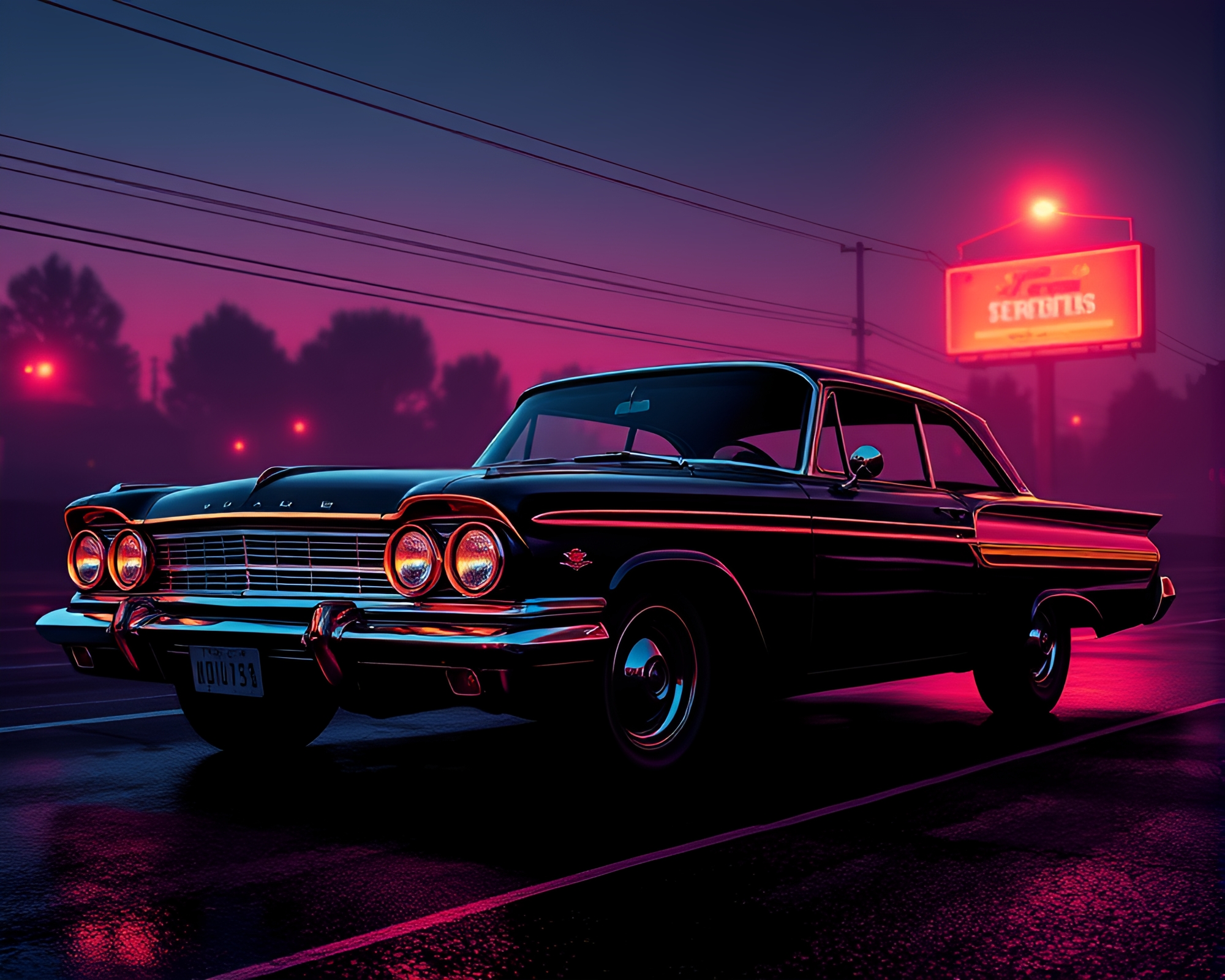 Vintage car in digital twilight comic scene – free AI stock image