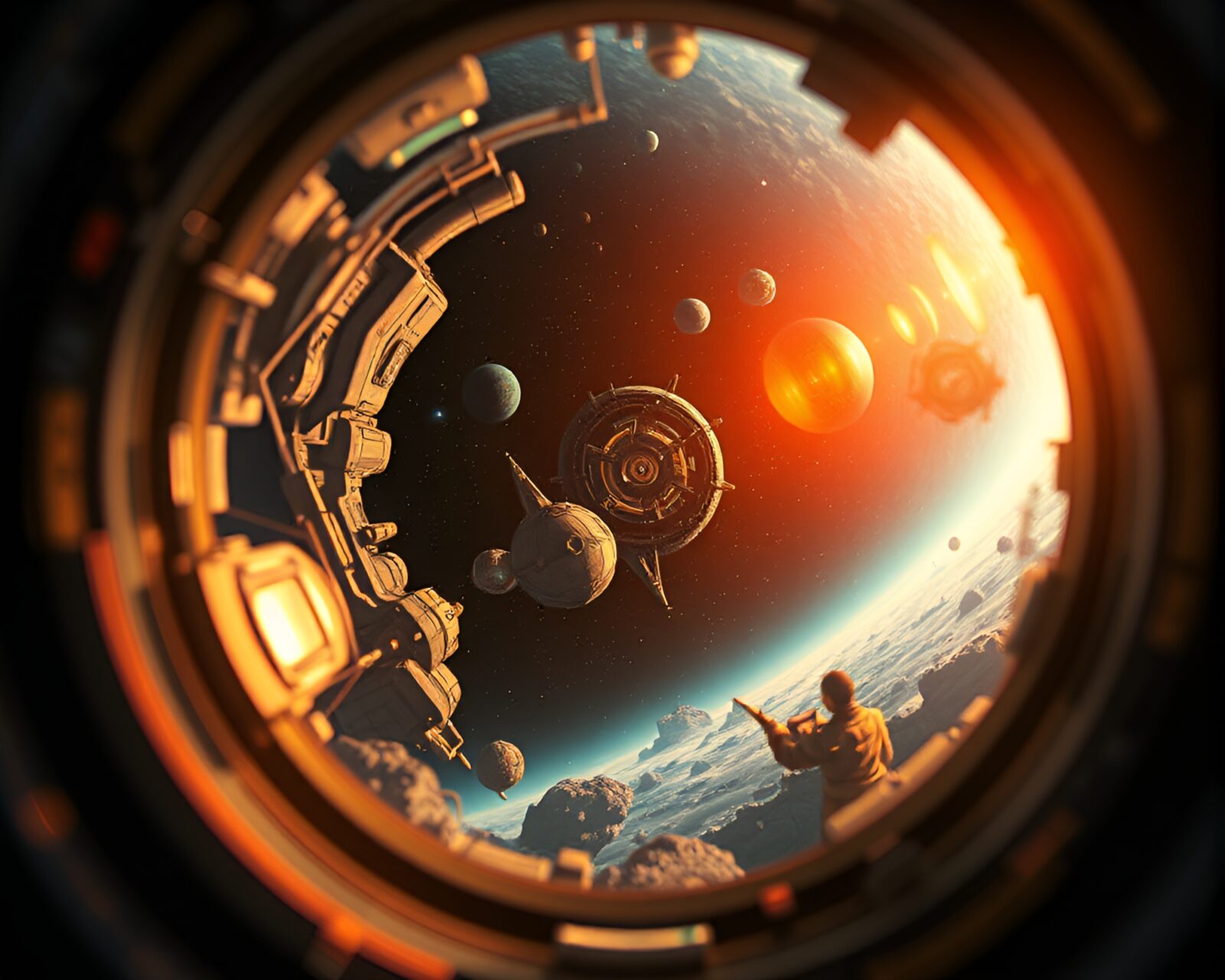 Steampunk space habitat bathed in analogous color lighting