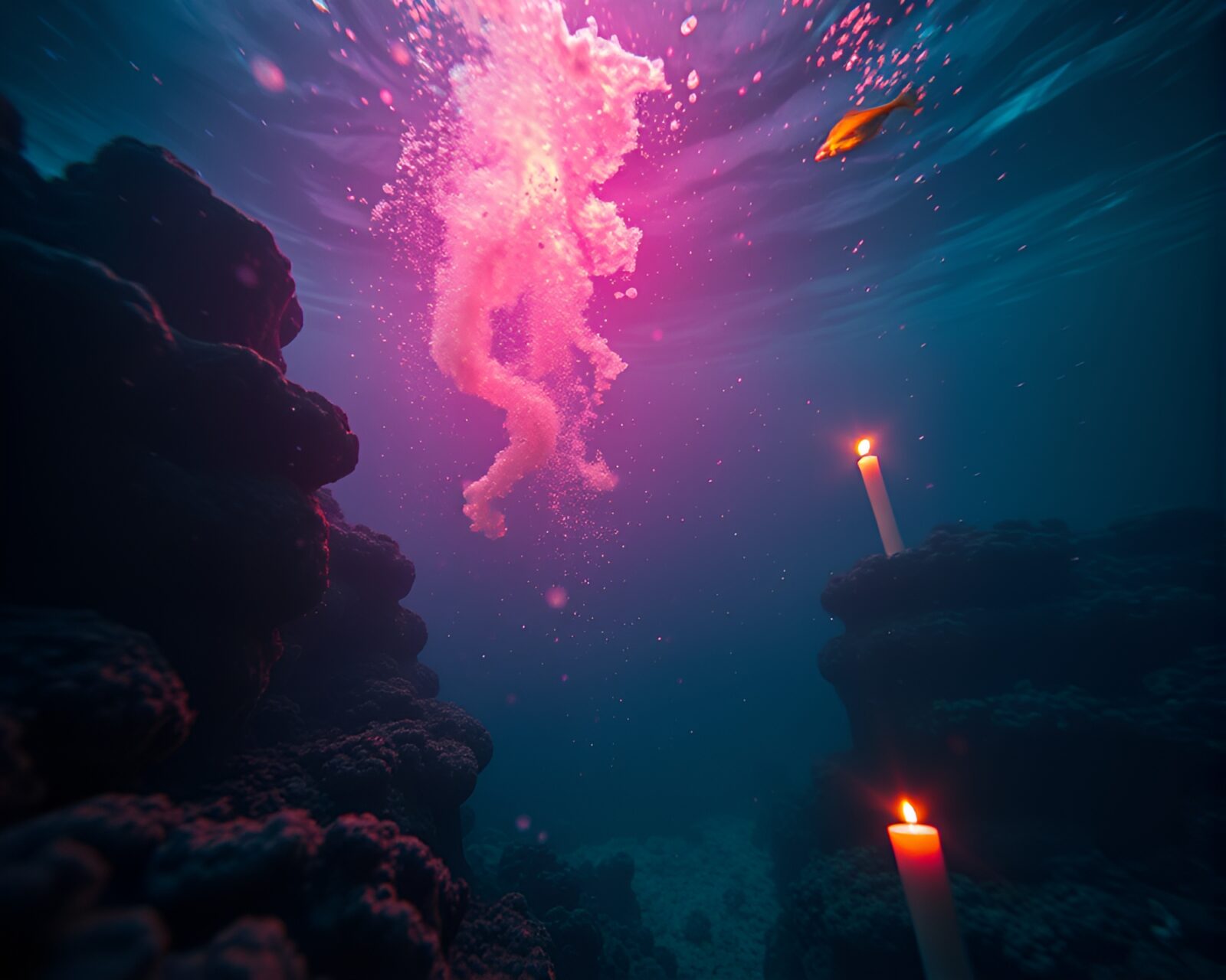 Underwater galaxy-themed submarine illuminated by candles
