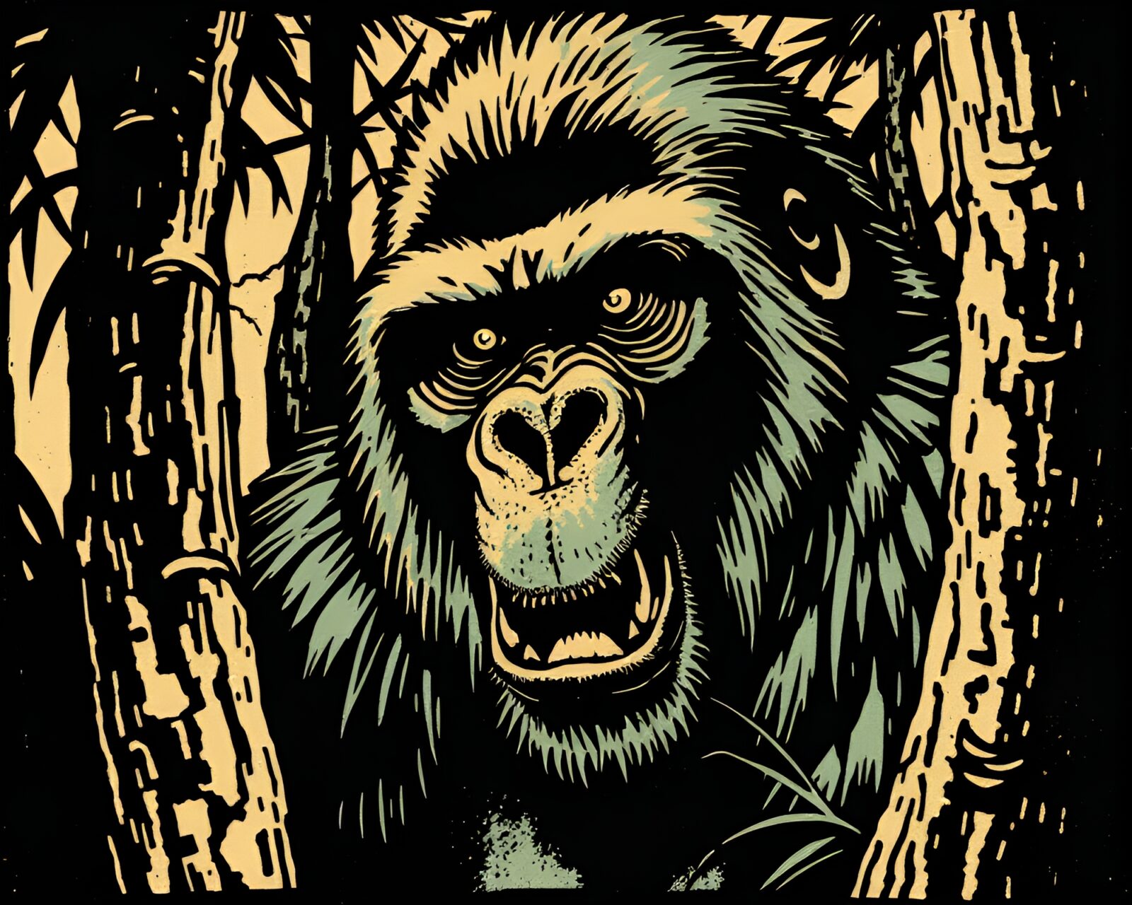 16-bit style woodblock print of a surreal gorilla