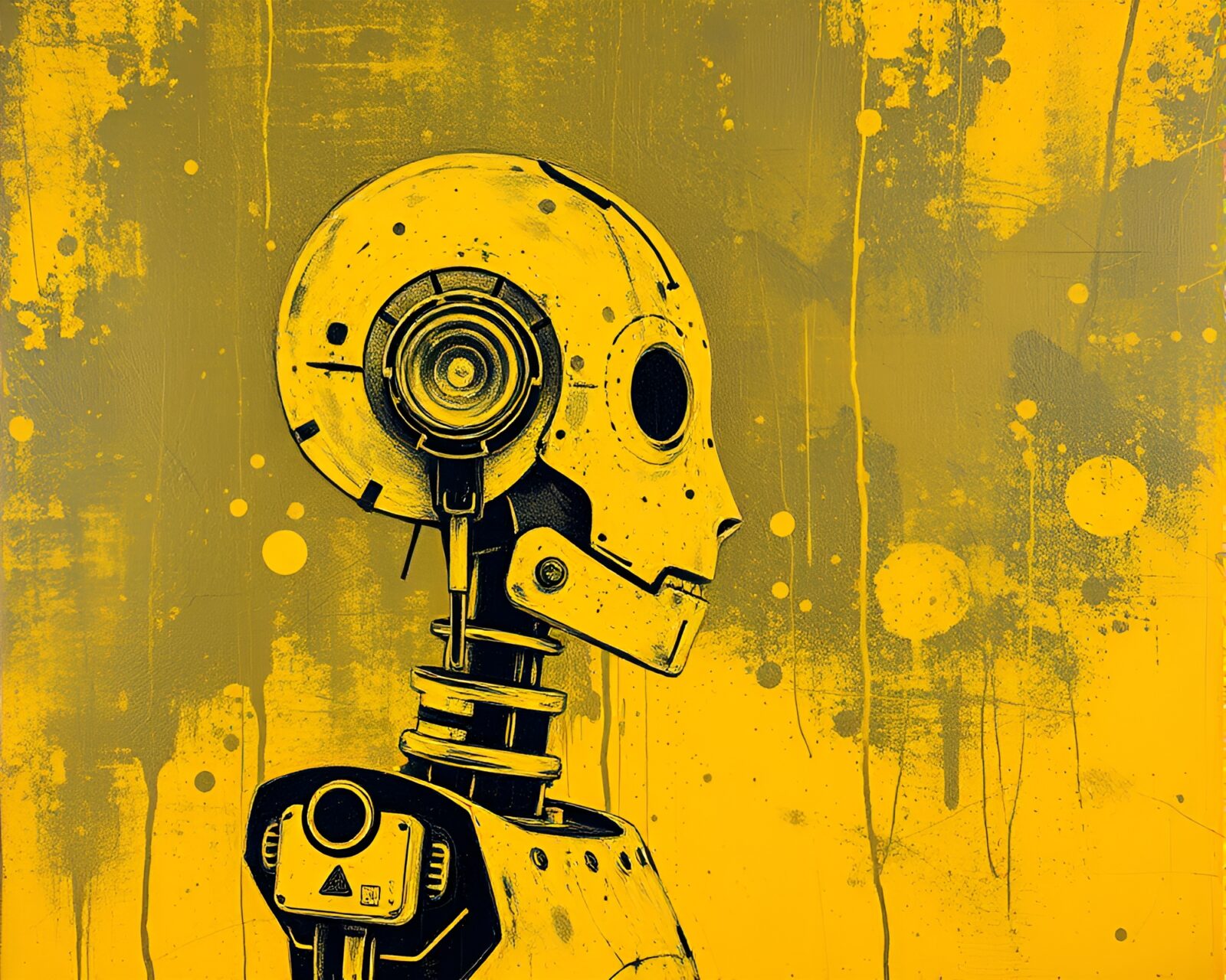 Luminous encaustic robot with scratch textures in lemon yellow