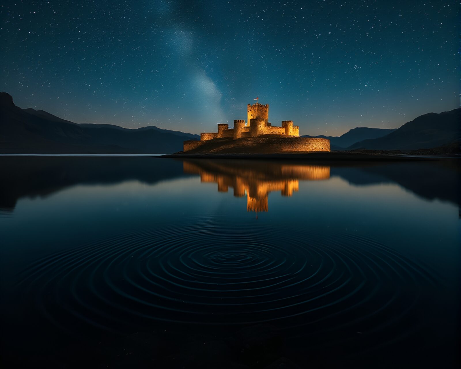 Water reflection ripples showcasing deserted castle under starry sky