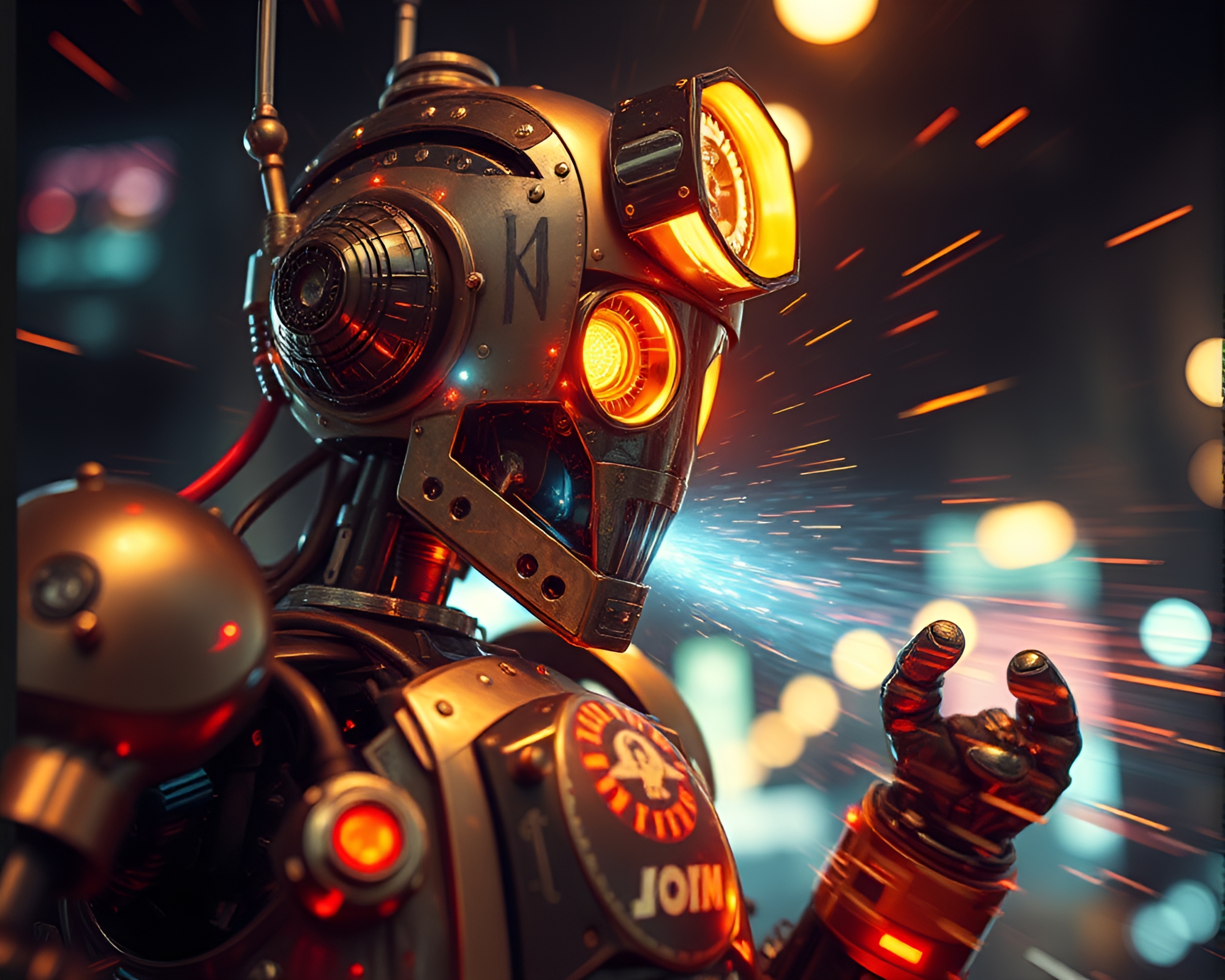 Steampunk Robot in Pixelated Light Zoom Burst Trompe-l’oeil – free AI stock image