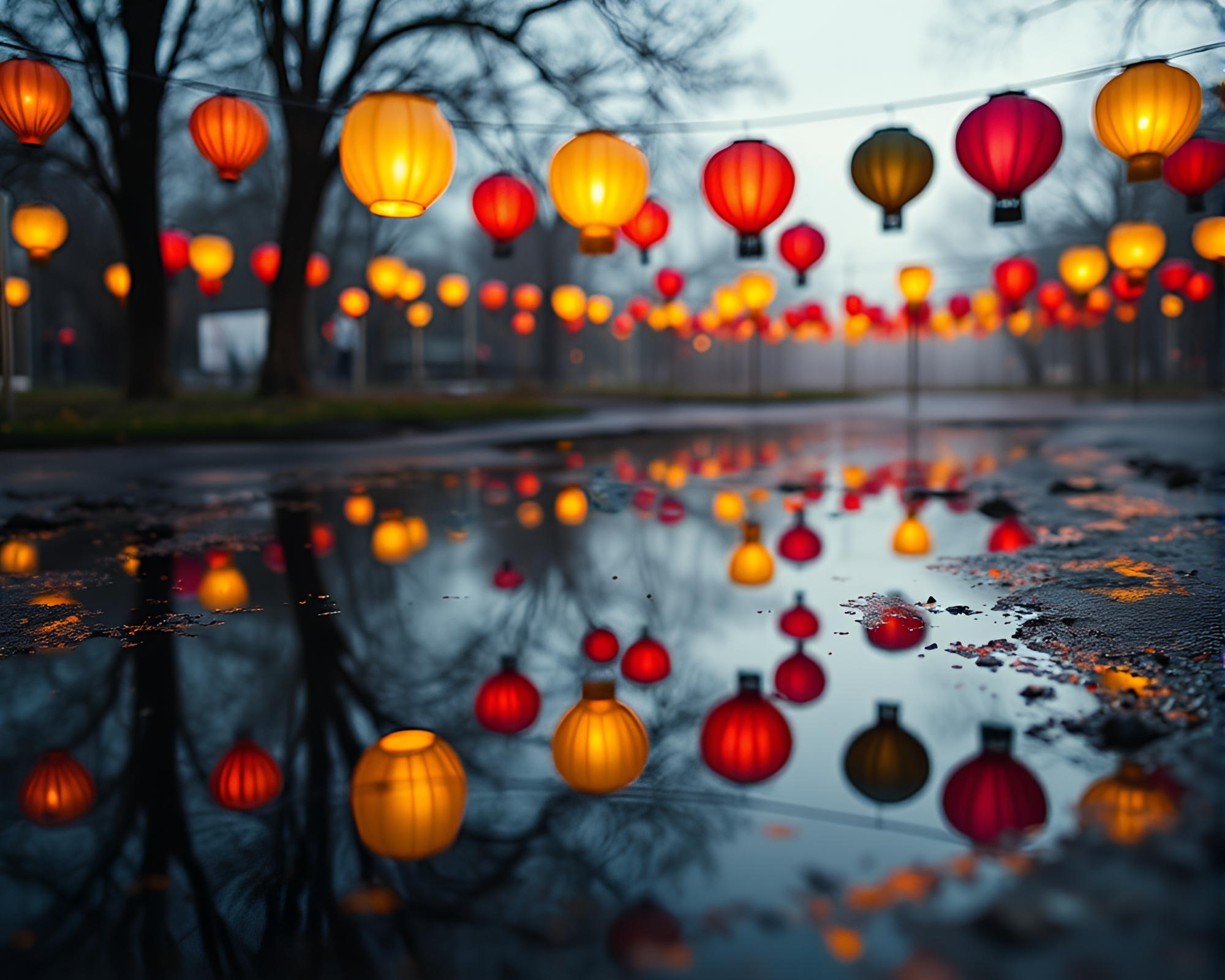 Reflective Rainbow Lanterns on Puddle – free AI stock image