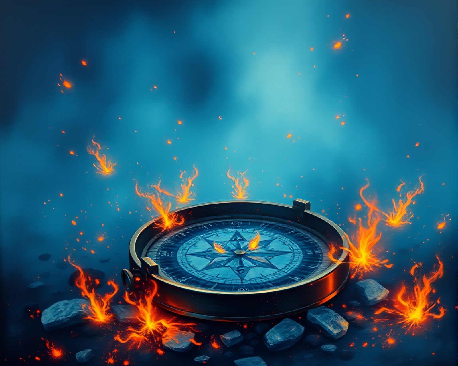 A mesmerizing matte painting of an antique compass surrounded by floating embers against an arctic blue background