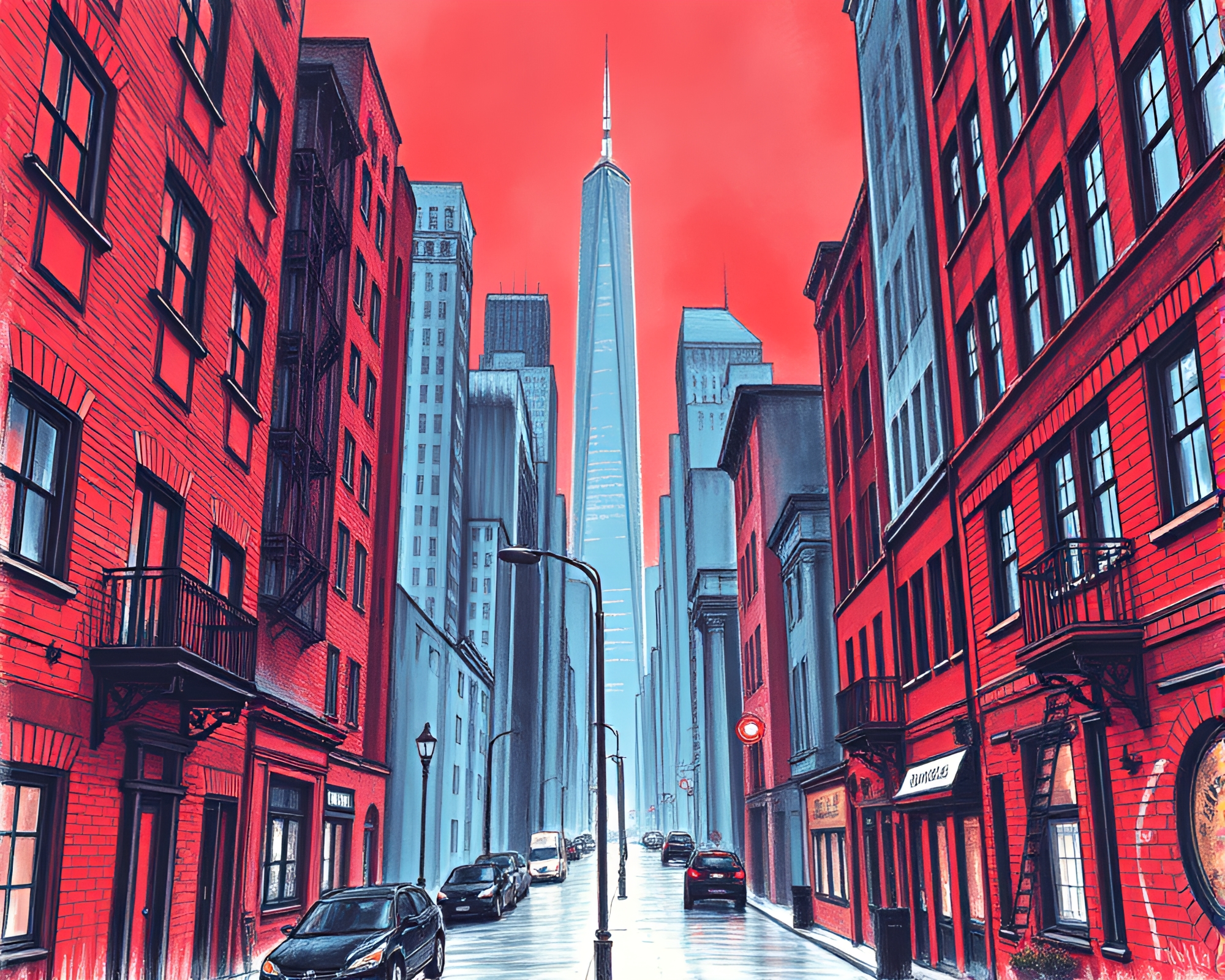 Neon Virtual City Scape in Brick Red Pencil Sketch – free AI stock image