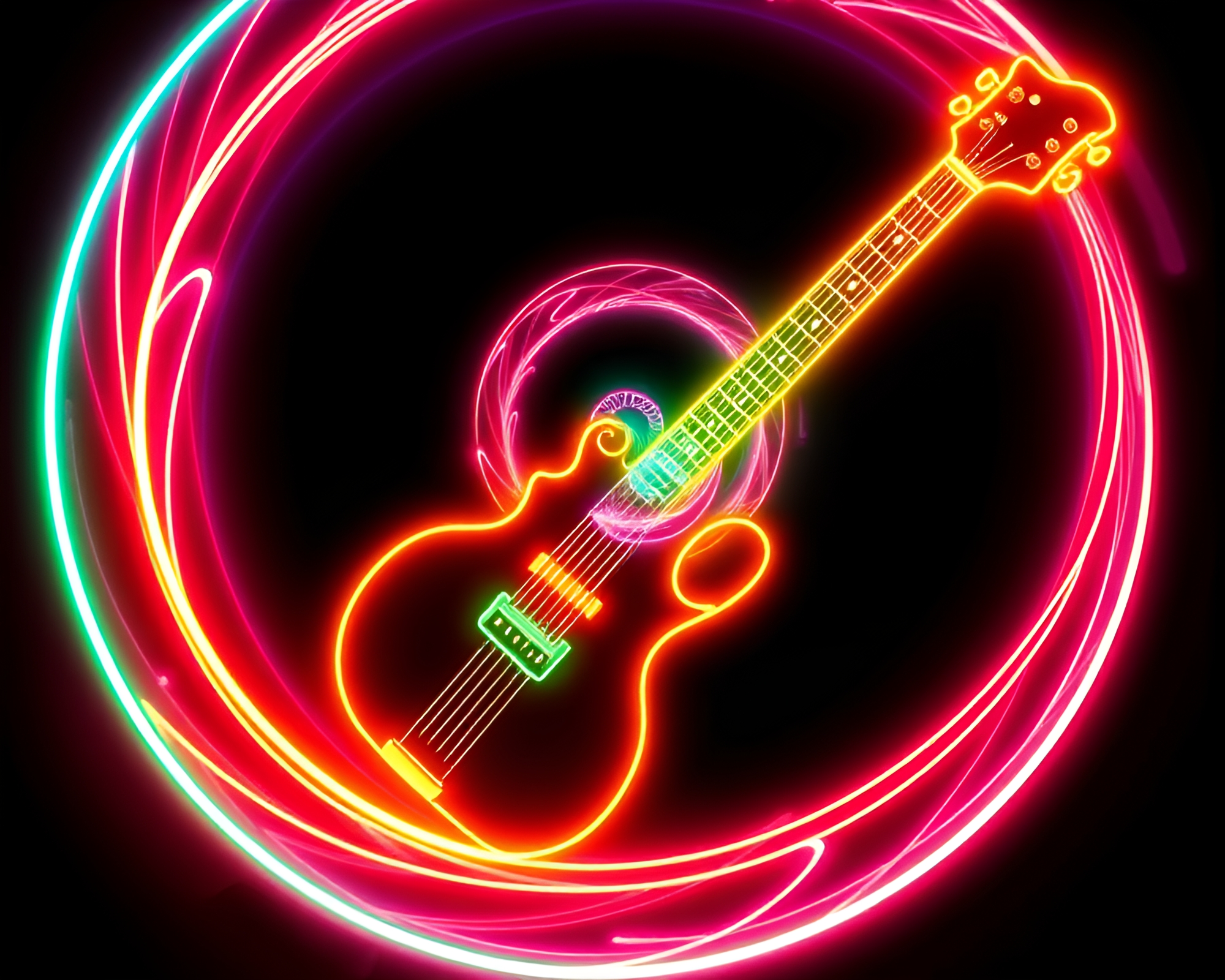 Fibonacci Spiral Guitar in Neon Light – free AI stock image