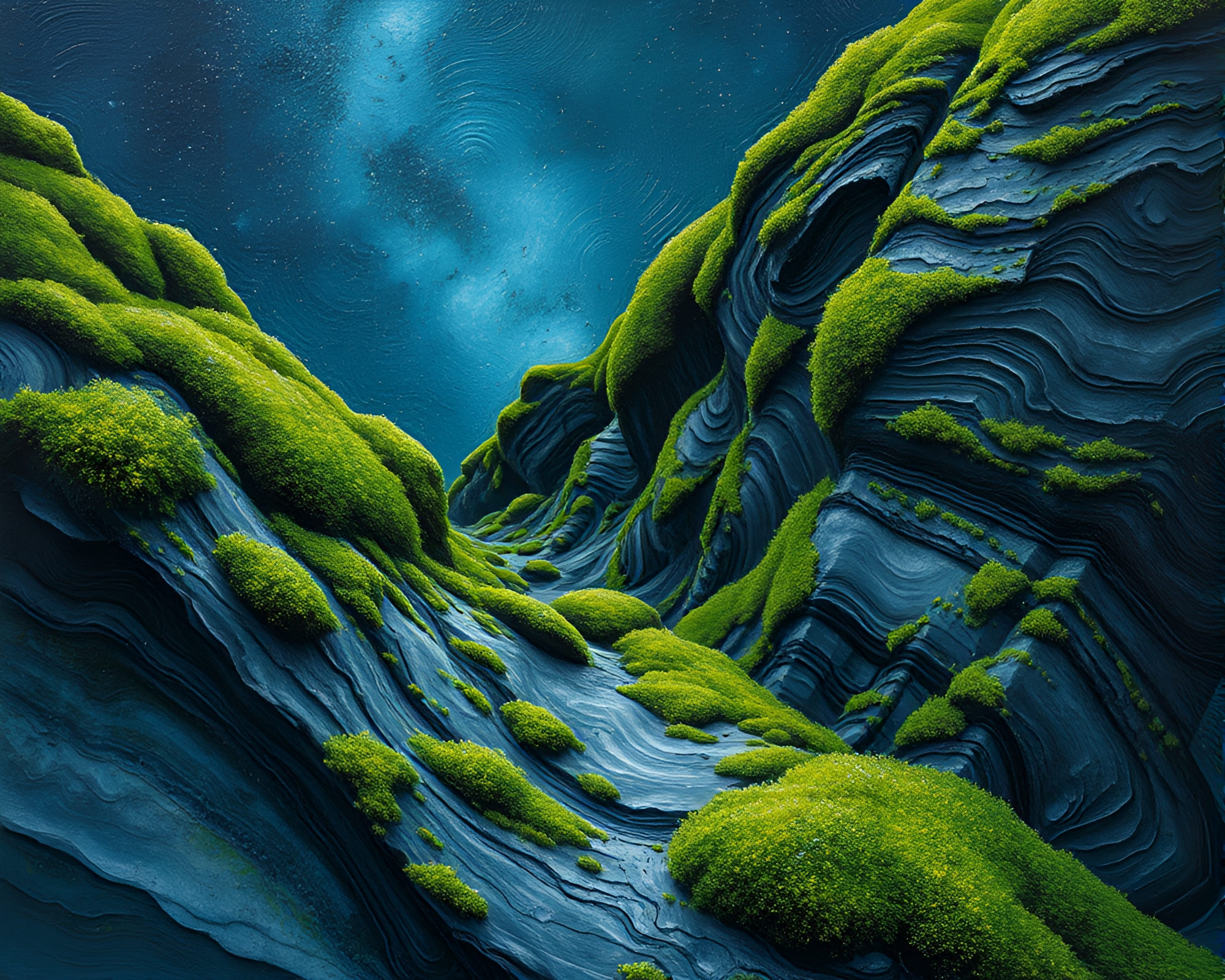 Moss-Covered Rock under Milky Way: X-Ray Impasto Masterpiece – free AI stock image