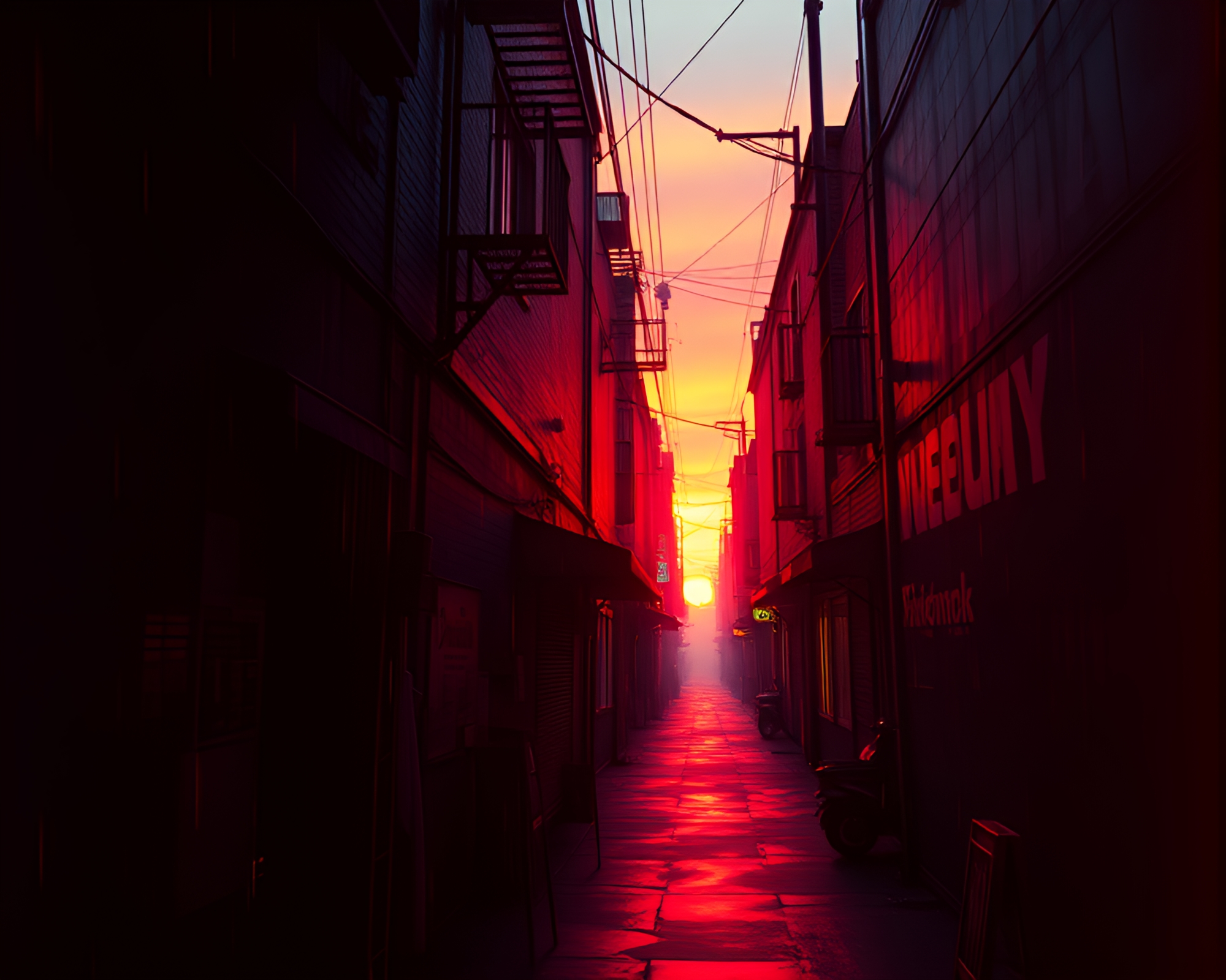 Sunset Cyberpunk Alley Film Burns Art – free AI stock image