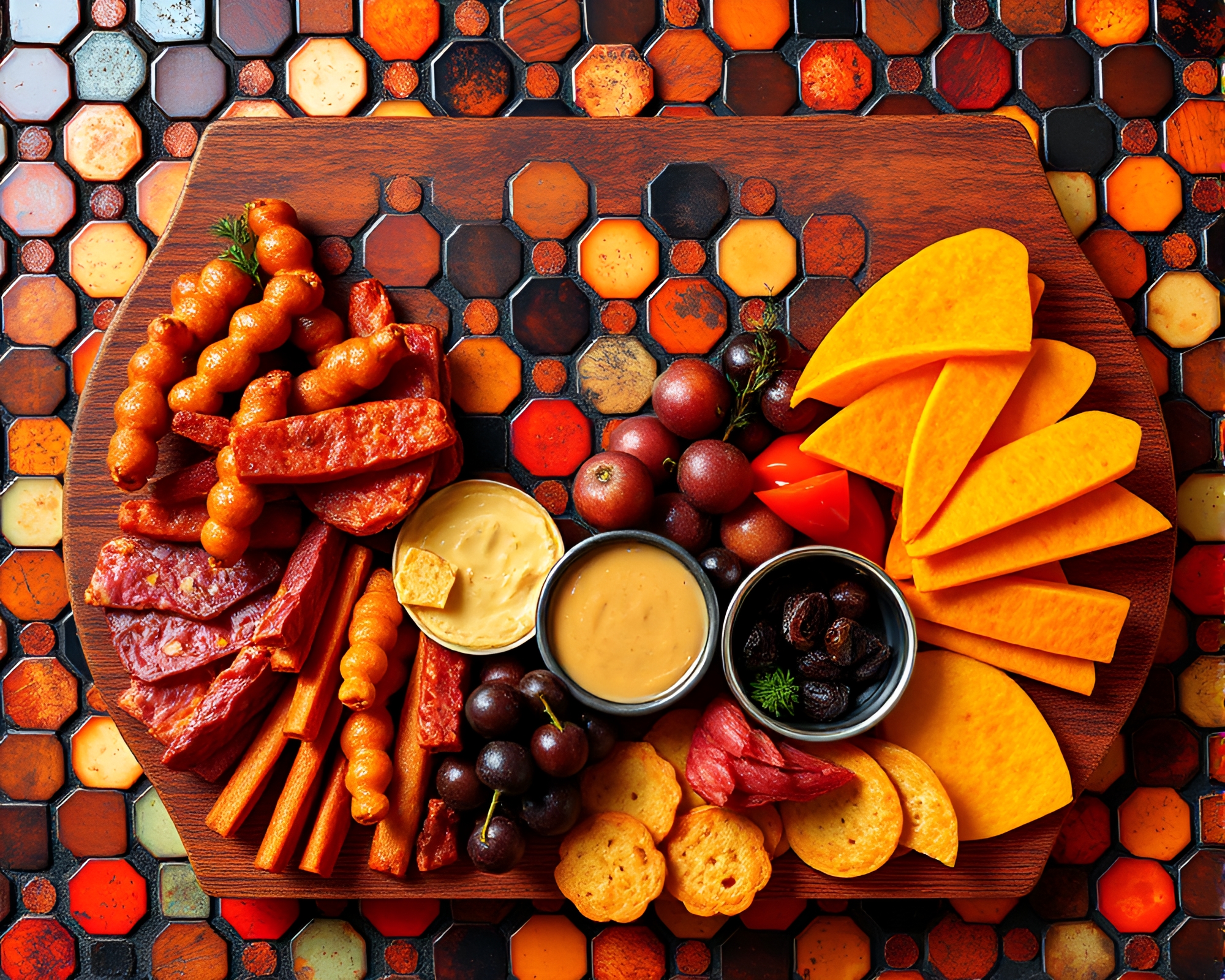 Steampunk Charcuterie Board in Thermal Hexagonal Tiling Landscape – free AI stock image