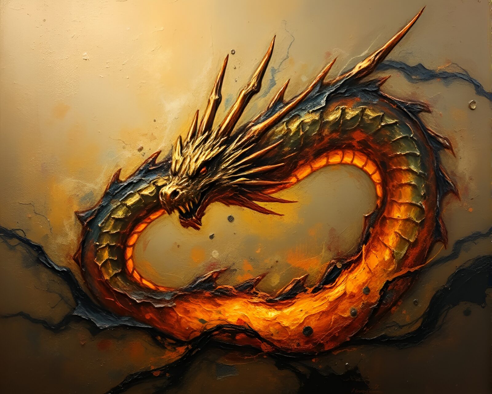 A vibrant expressionist painting of a bronze dragon egg in a surreal landscape