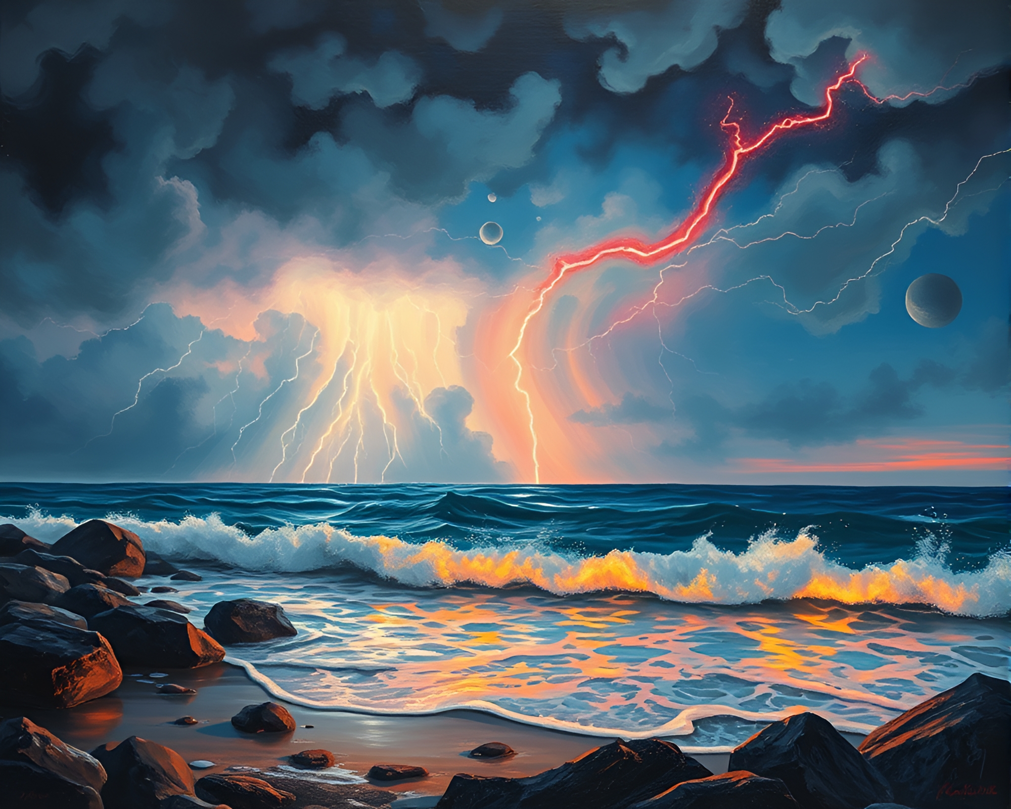 Neon Thunderstorm Bonfire Tempra Seascape – free AI stock image