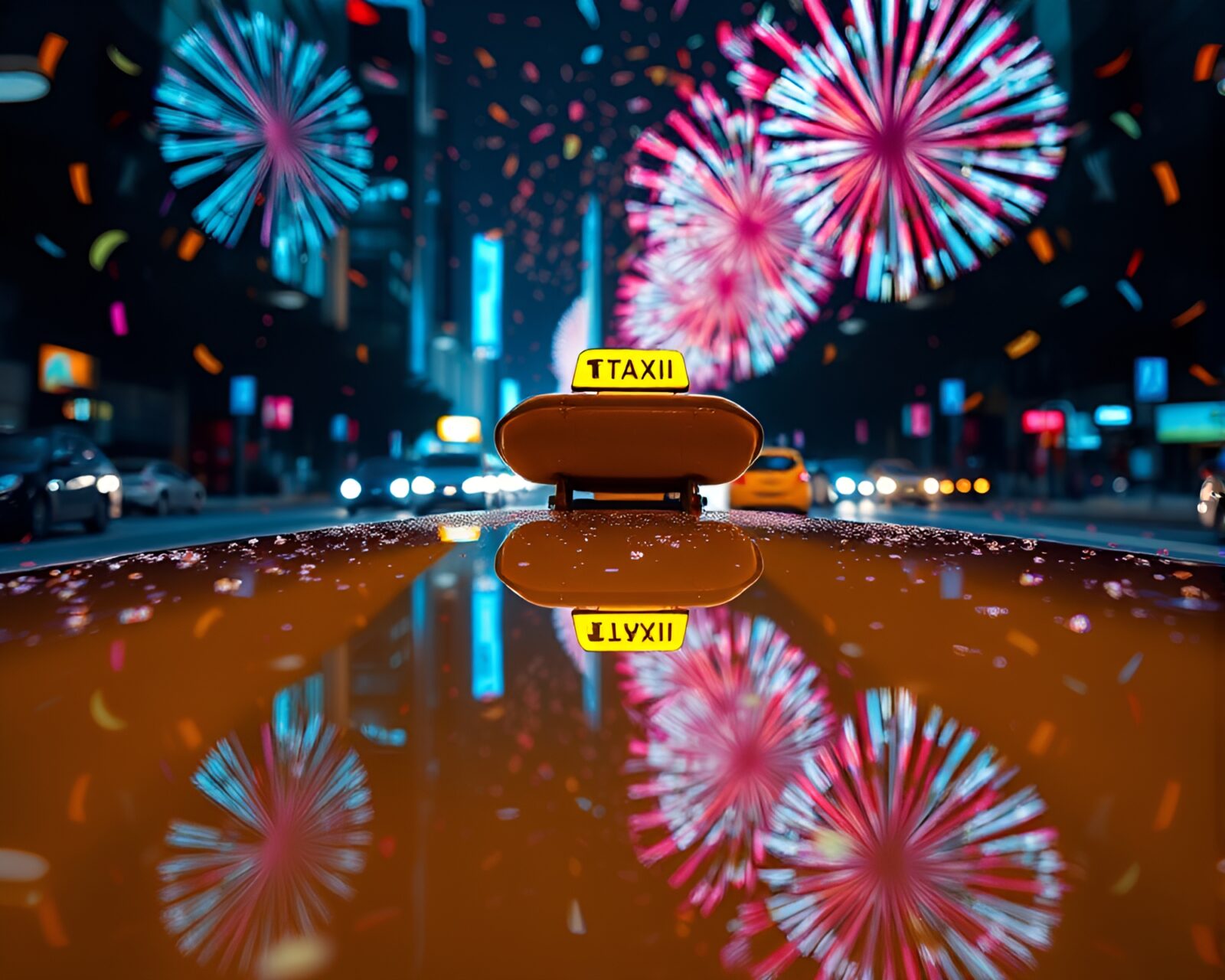Futuristic hover taxi surrounded by colorful confetti at dusk