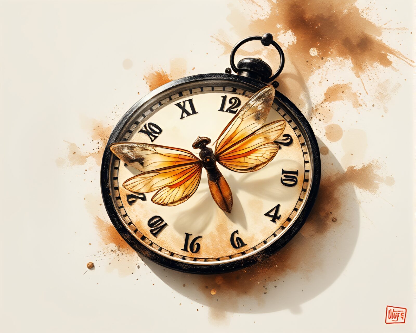 Dust overlay frames glowing fireflies around ancient clock artwork