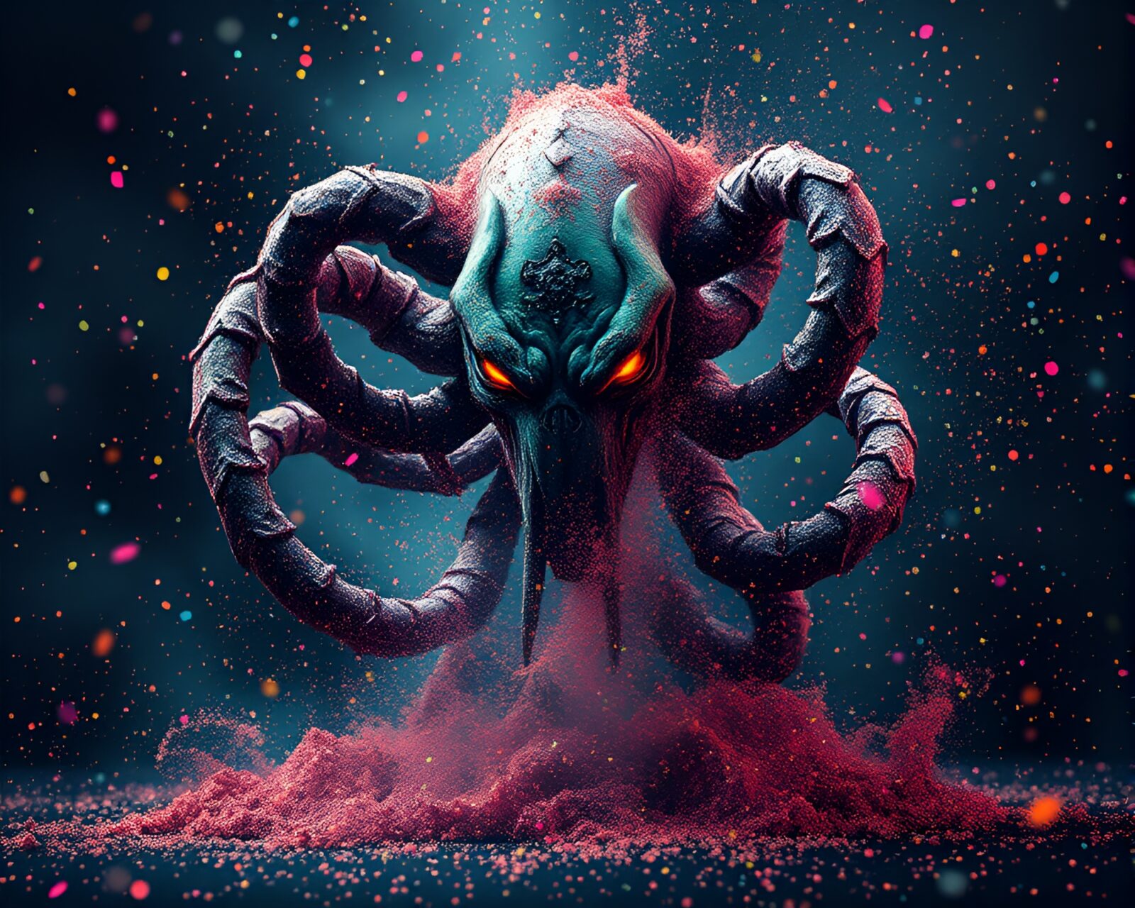 Colorful Kraken surrounded by dust overlay and vibrant confetti