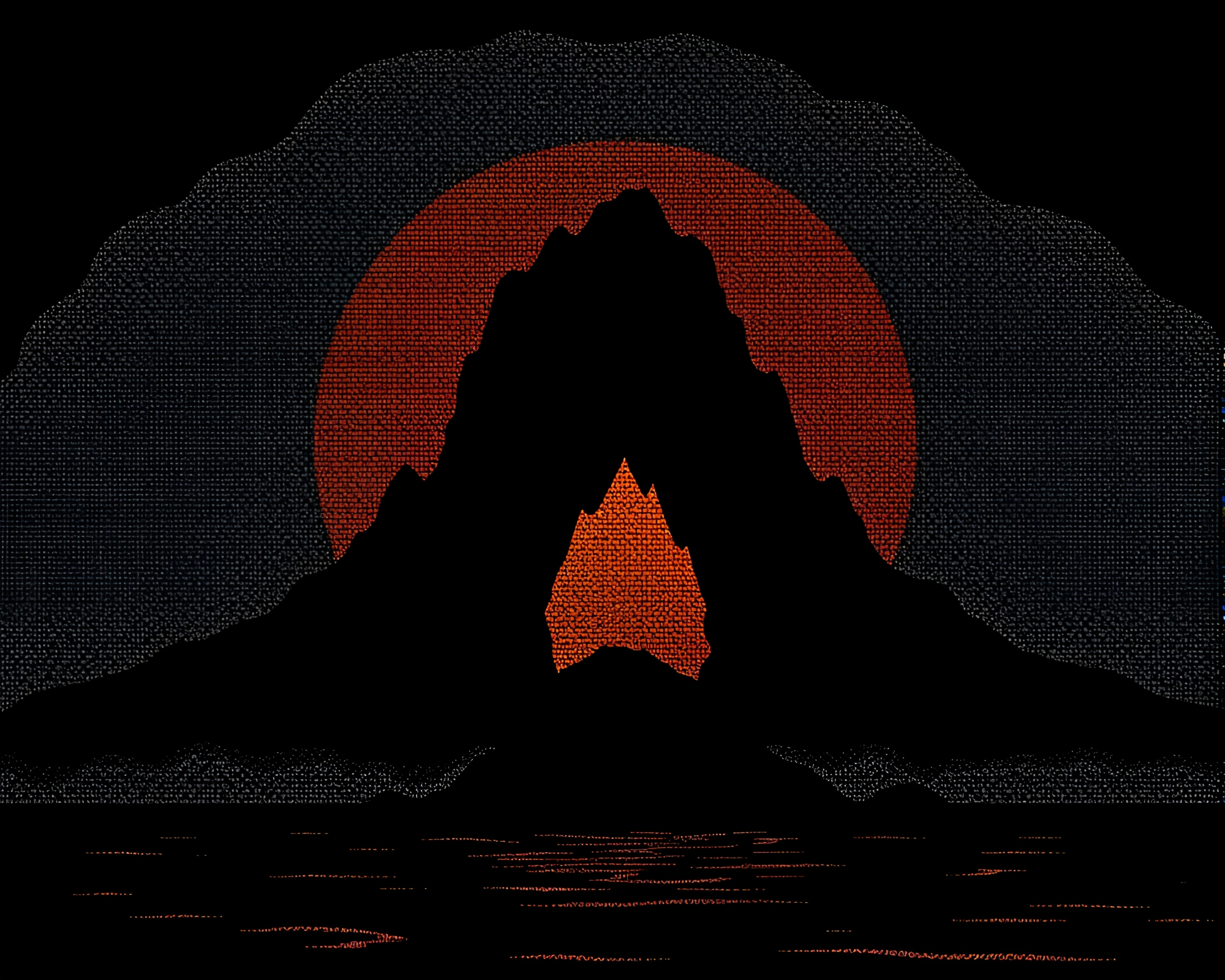 Halftone Grid Silhouette Illustration of Volcanic Island Cave Entrance – free AI stock image