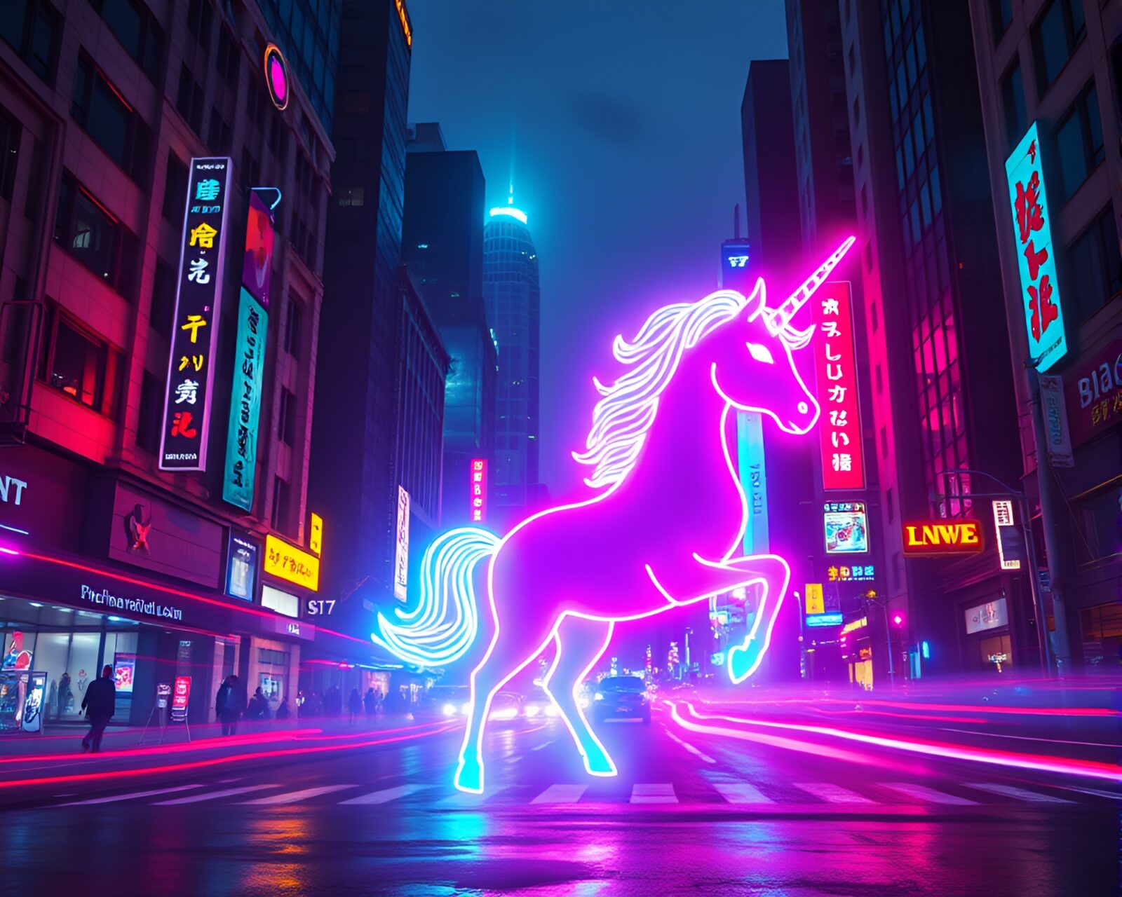 Vibrant unicorn in futuristic glowing city with swirling light leaks