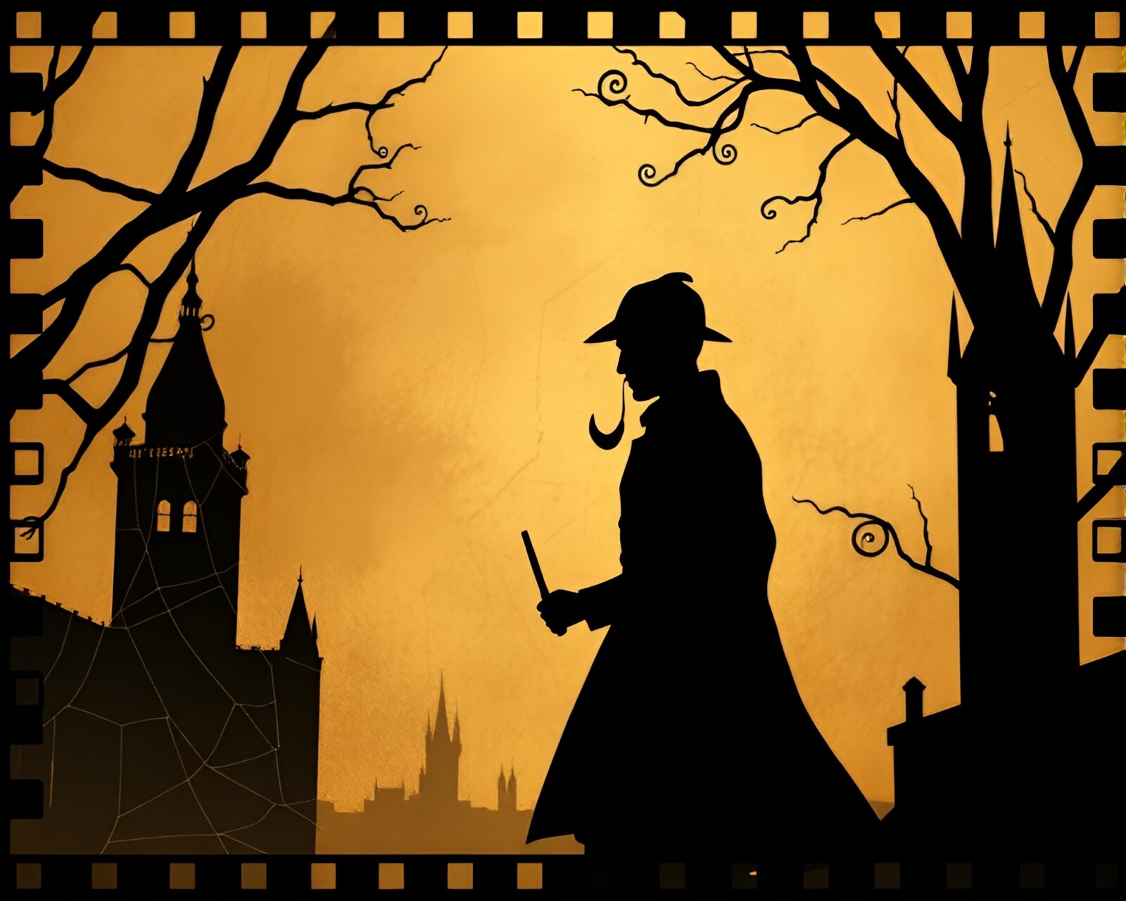 Silhouette of Sherlock Holmes framed by cobweb strands
