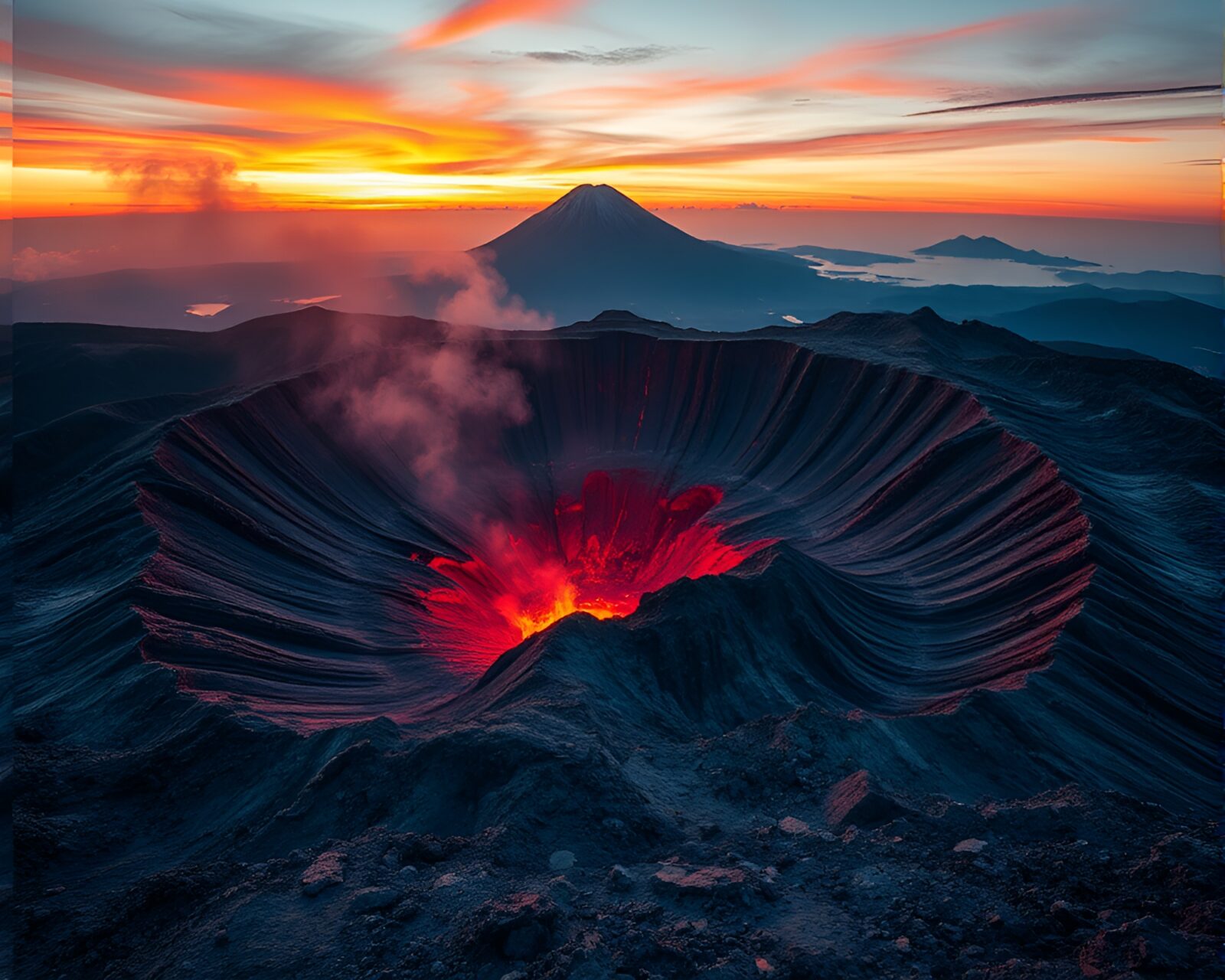 A fragmented mosaic design of a sunset-lit volcano crater.