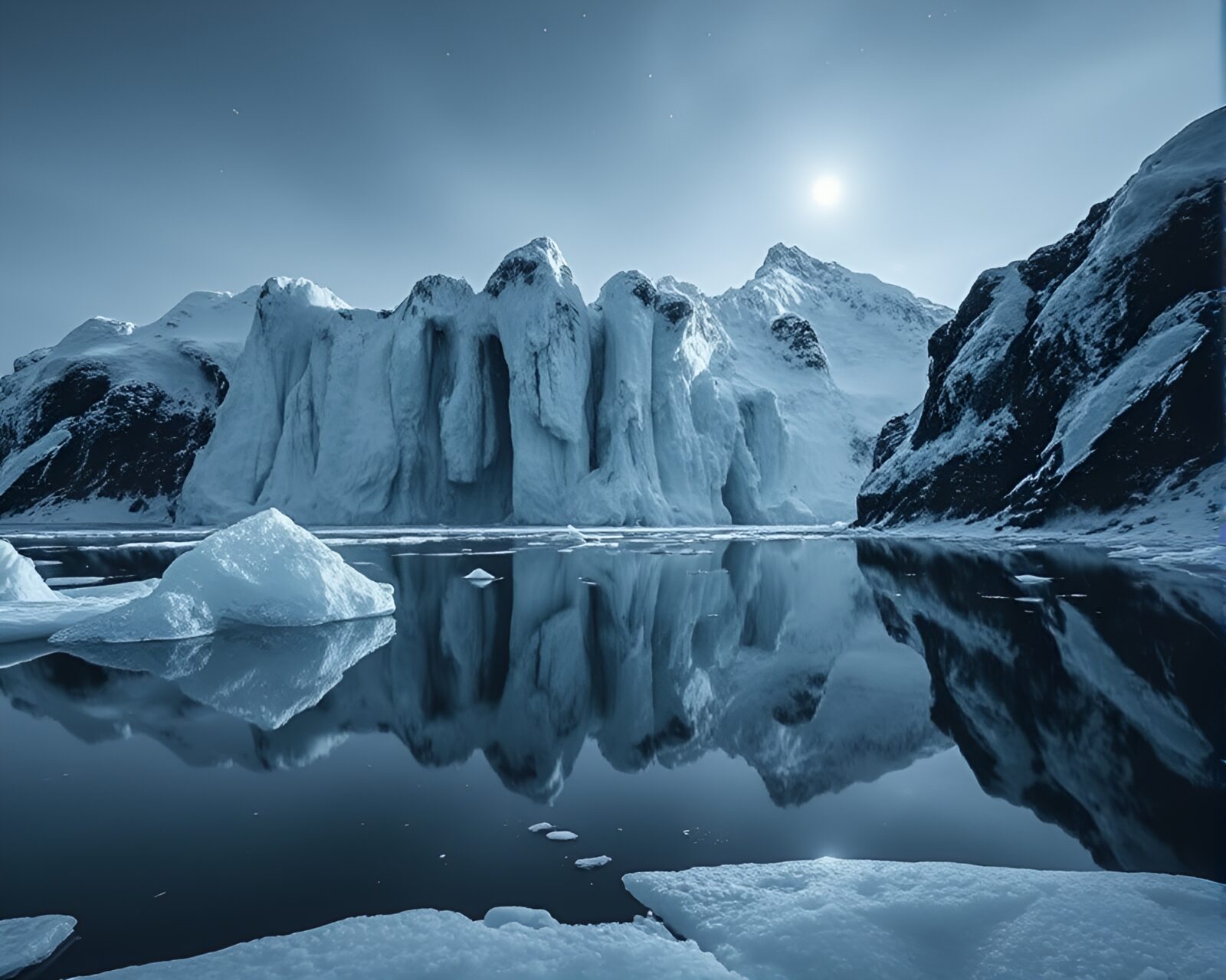 Eerie tri-tone image of a mirror reflecting ice crystals
