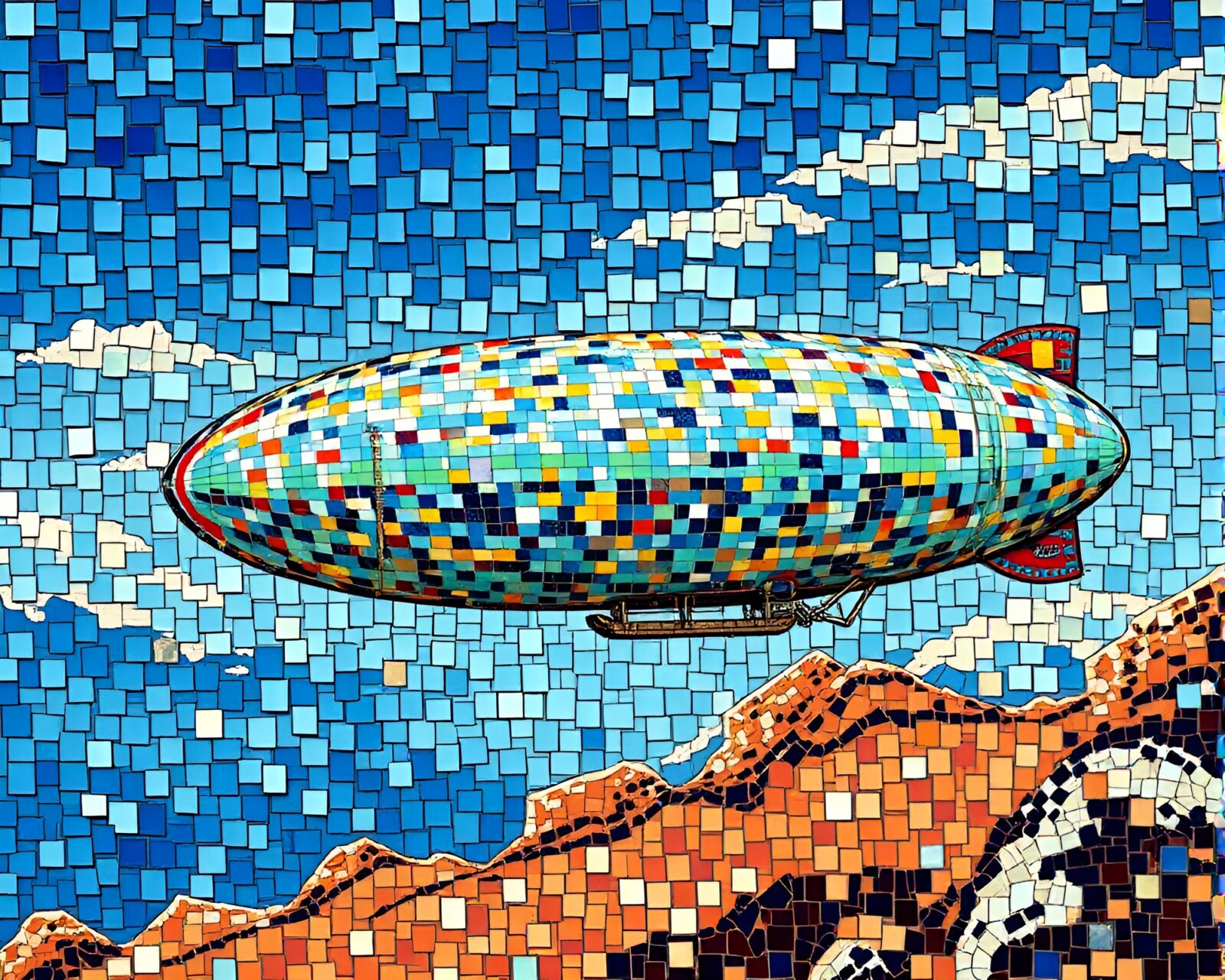 Colorful mosaic of a zeppelin framed in crystal clear focus