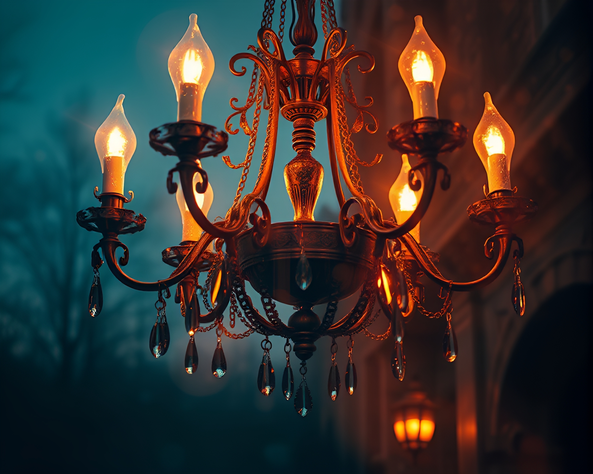 Victorian Chandelier Double Exposure in Twilight Action Painting – free AI stock image