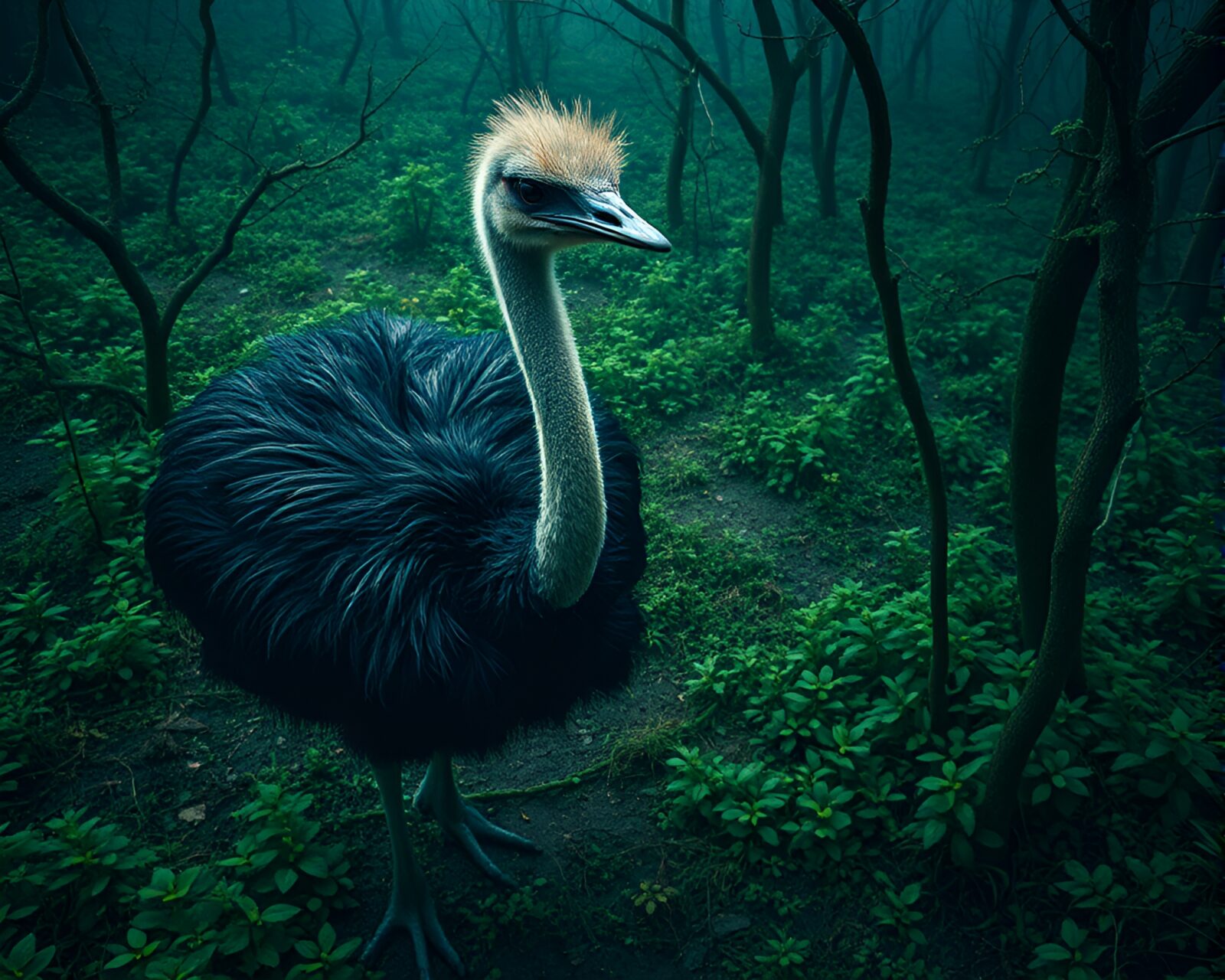 High-angle shot of an ostrich in a green dystopian forest