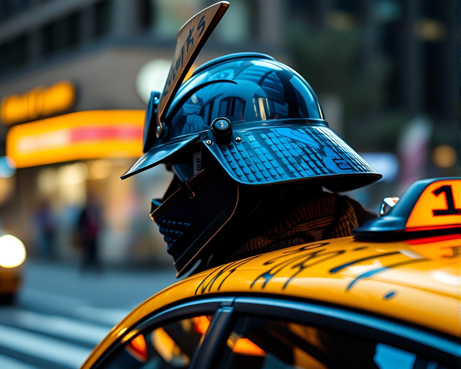 Samurai helmet streaking past blurry taxi in indigo light