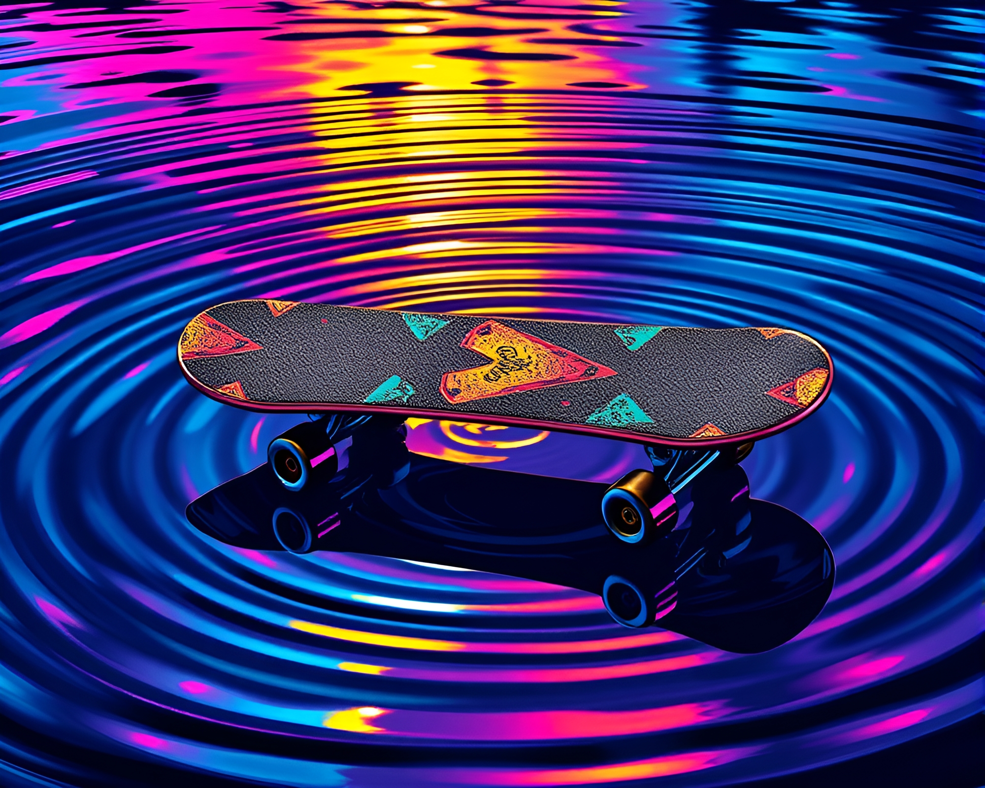 Neon Reflections: Skateboard Tattoo Art – free AI stock image