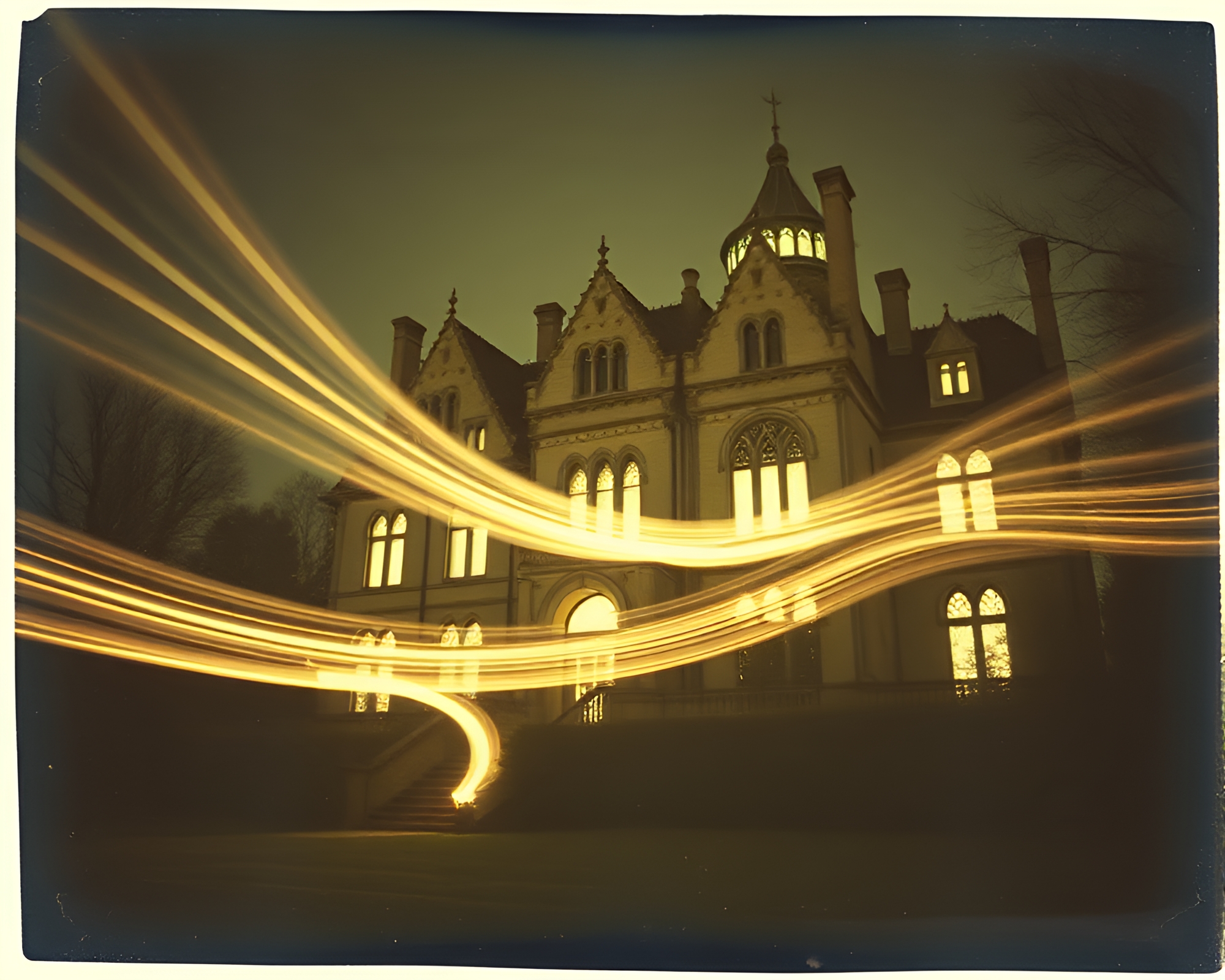Neo-Gothic Mansion Light Trails in Vintage Blueprint – free AI stock image