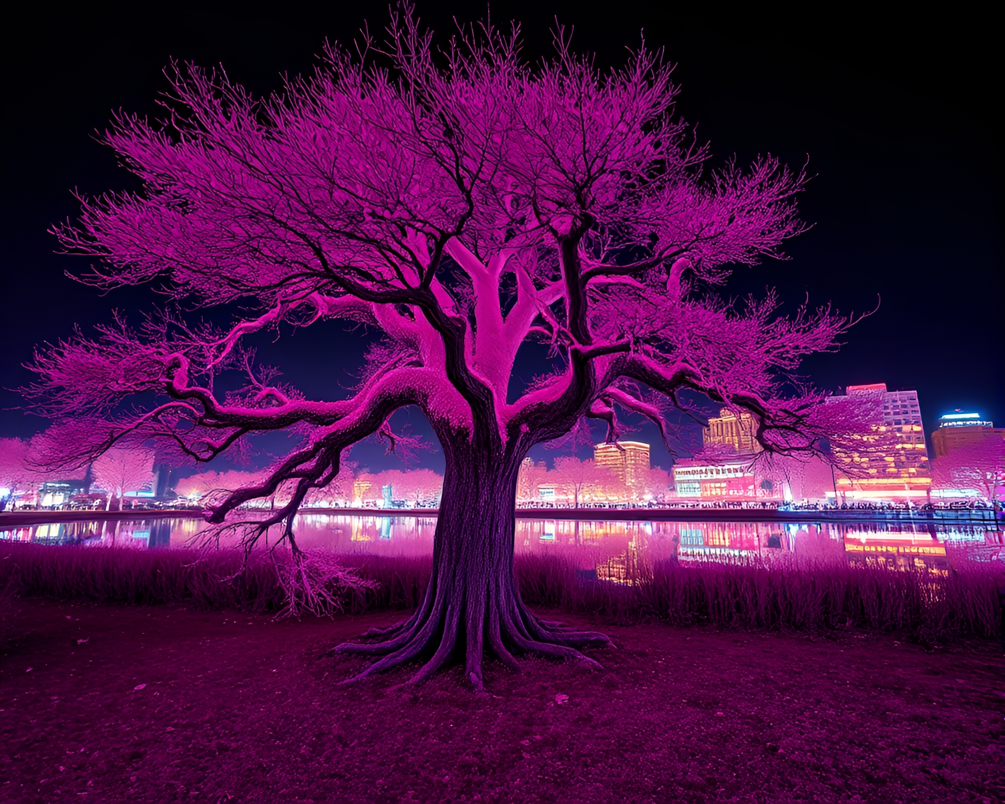Astral Illumination: Ancient Tree Mirror Shard Reflection – free AI stock image