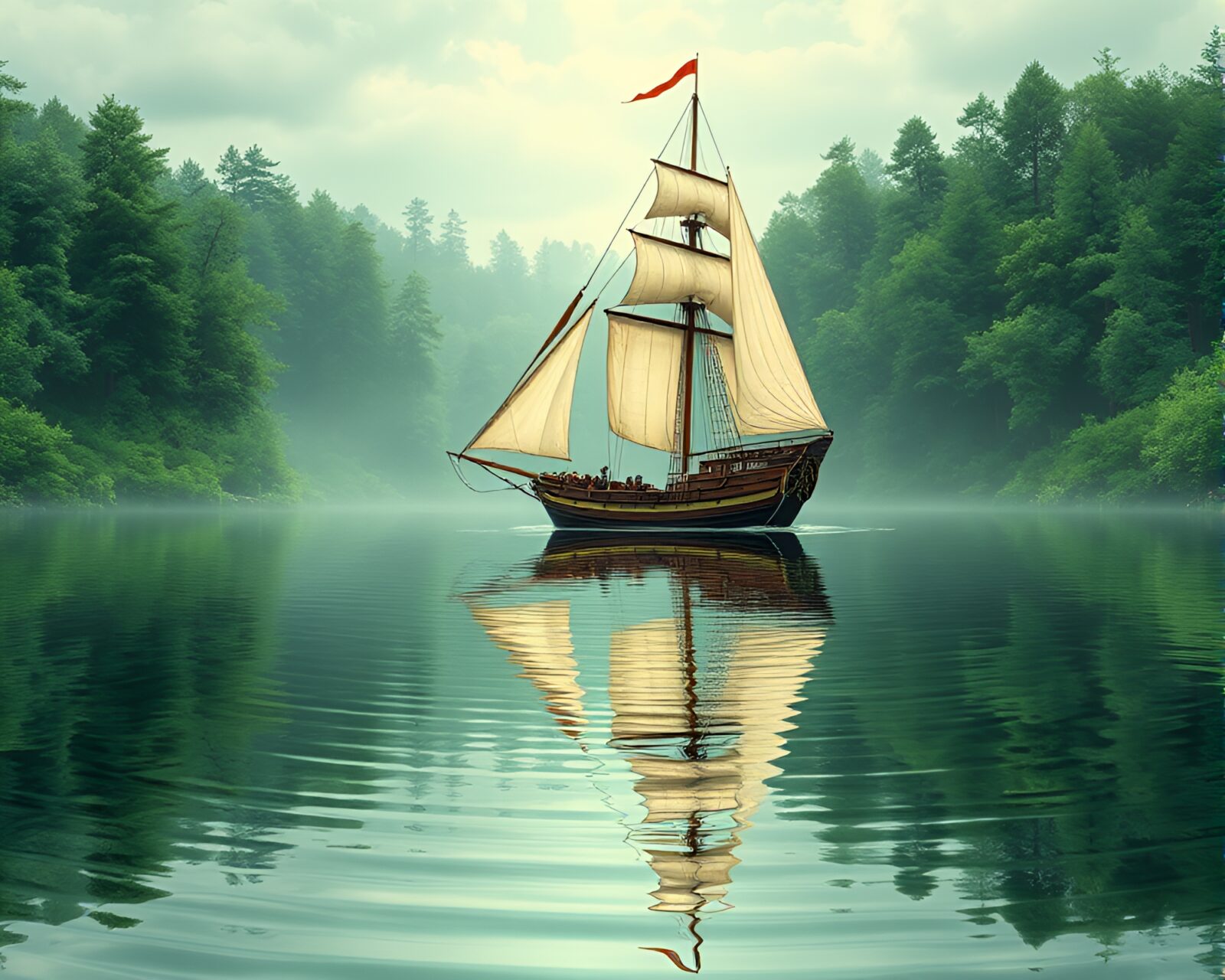 Maximalist design of classic ship reflecting in enchanted water