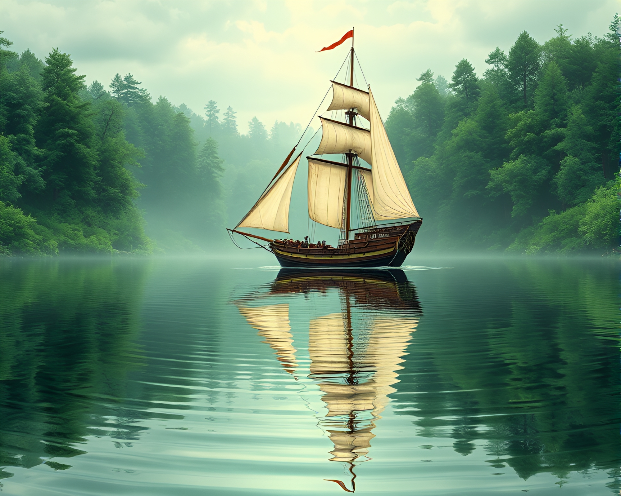 Enchanted Forest Sailing Ship Water Reflection Ripples – free AI stock image