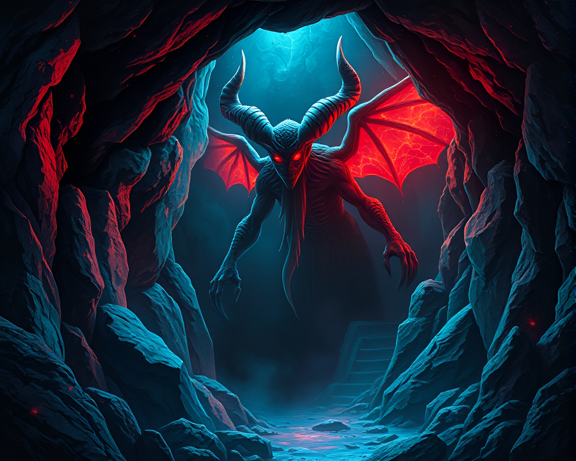 Enchanting Djinn Hologram: Cave Entrance Illuminated – free AI stock image