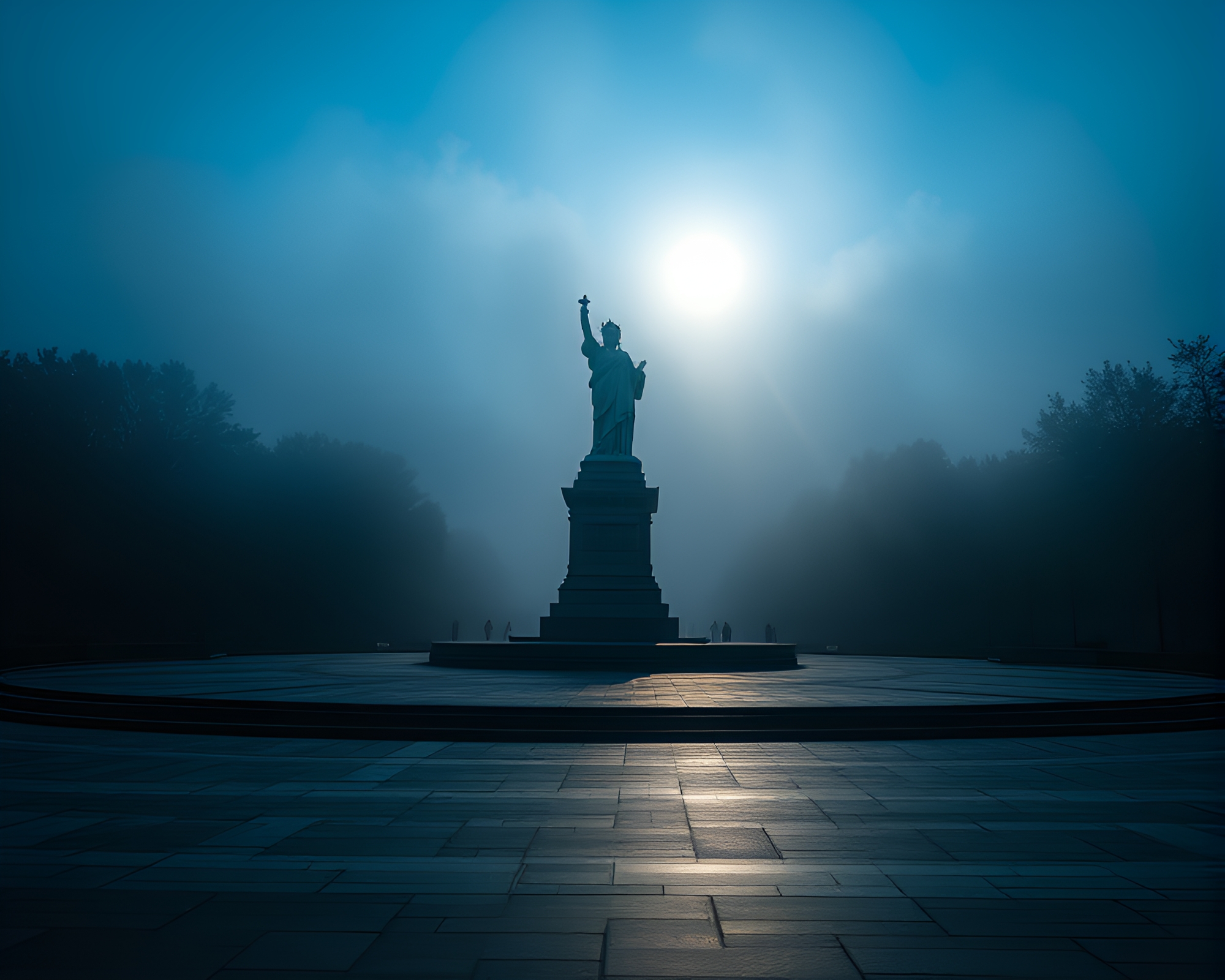 Majestic Statue Silhouetted by Dusk Sunburst in Fog – free AI stock image