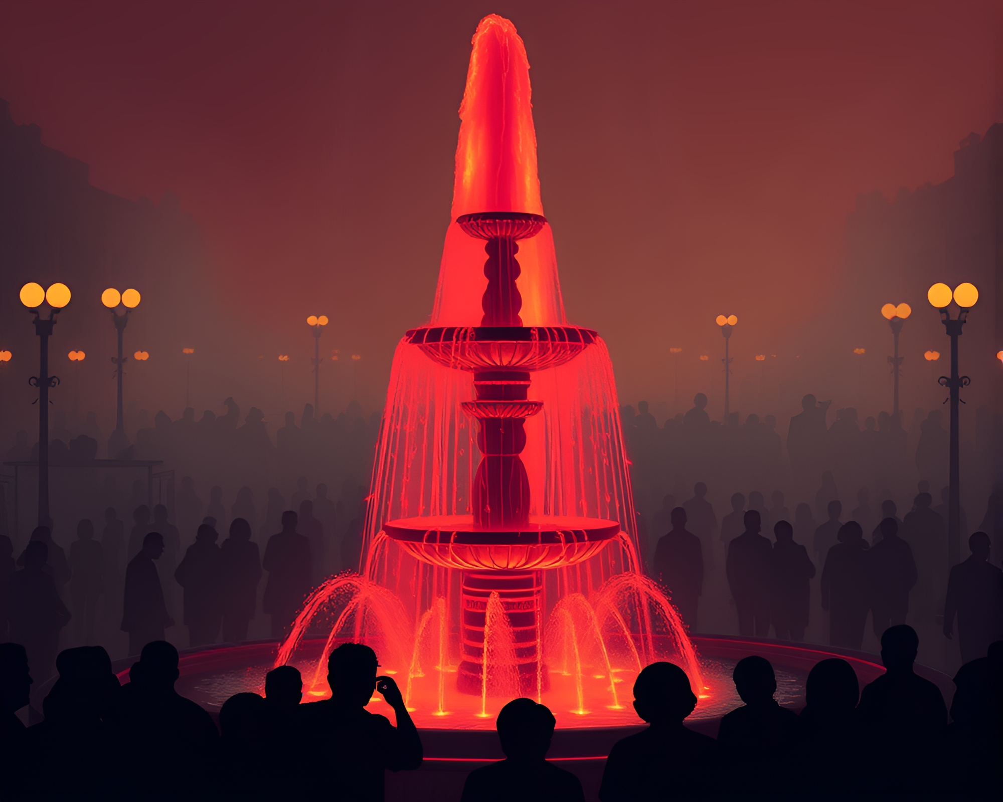 Glowing Chocolate Fountain at Night with Silhouetted Crowd – free AI stock image
