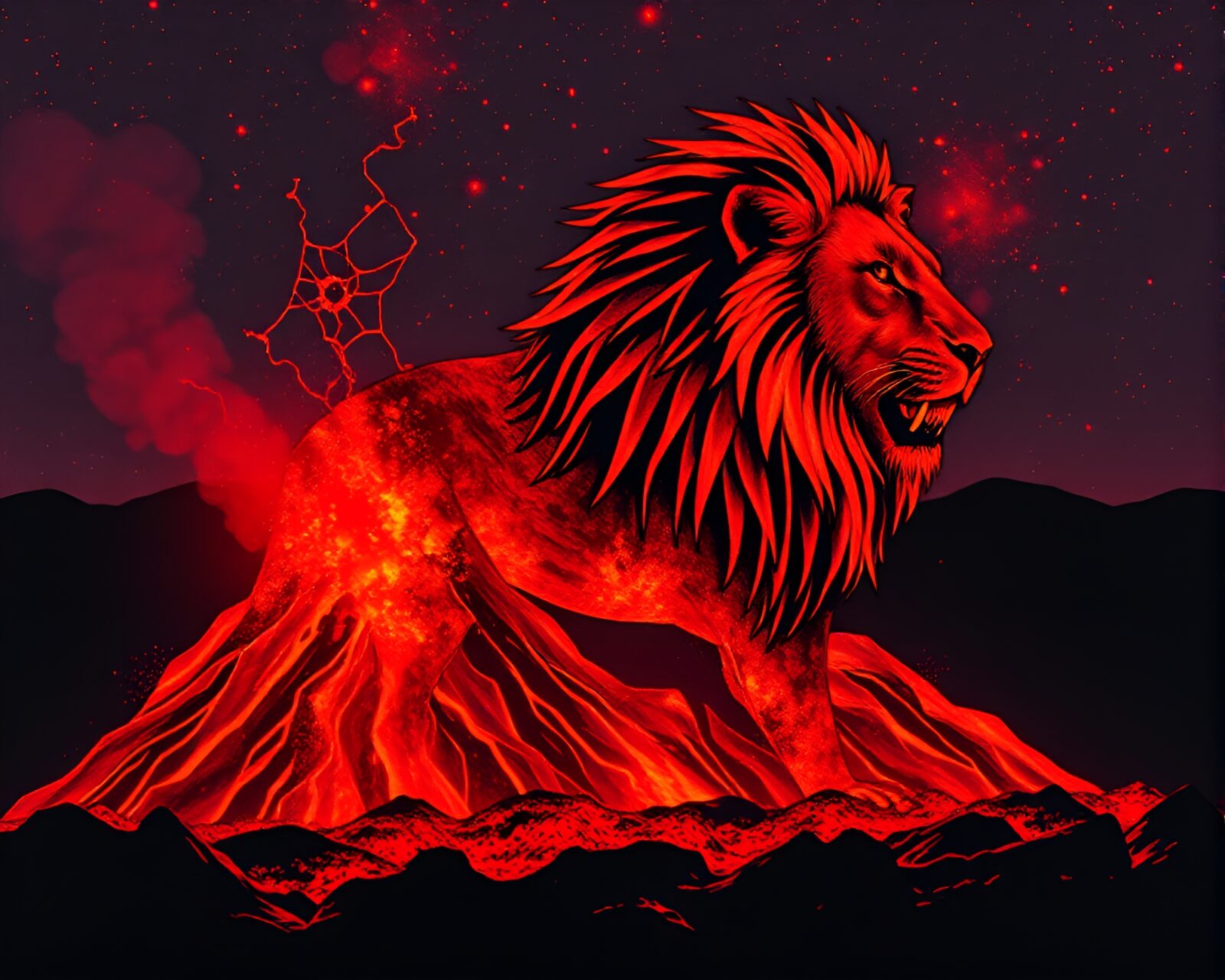 Dark silhouette of lion amidst red glowing volcanic eruption
