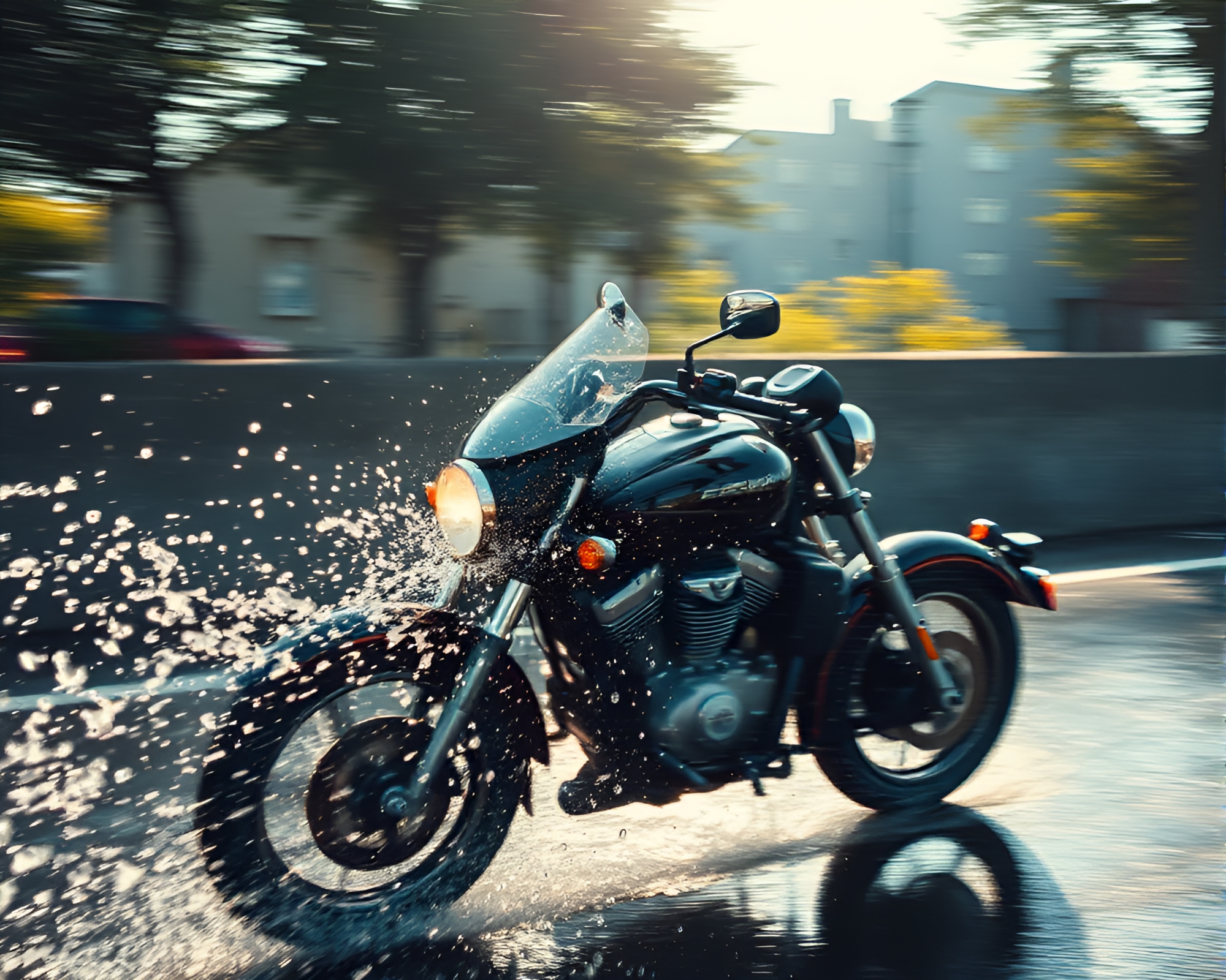 Motorcycle Racing Through Distorted Water with Brightness – free AI stock image