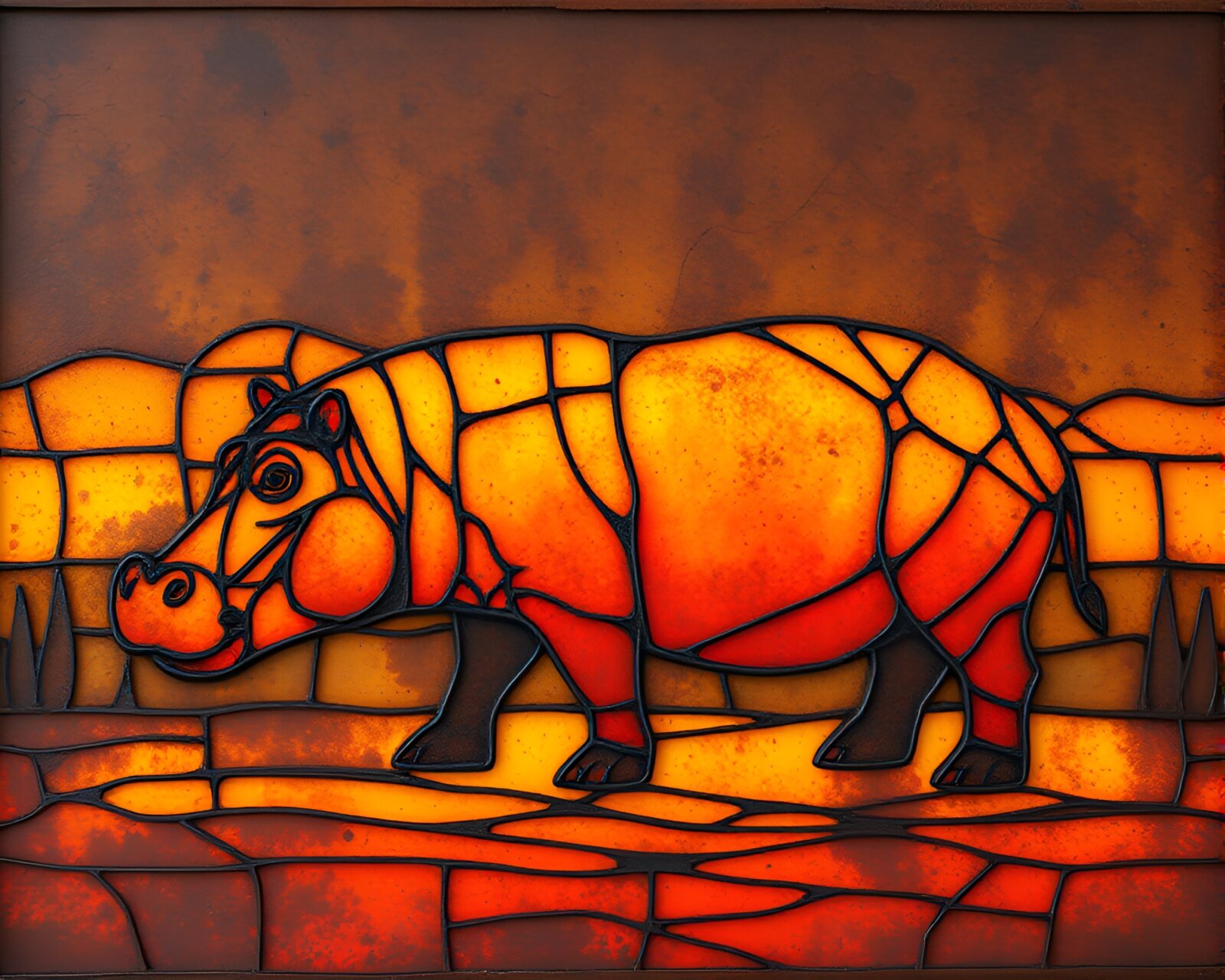 Vibrant stained glass hippopotamus under a rusty sunset sky