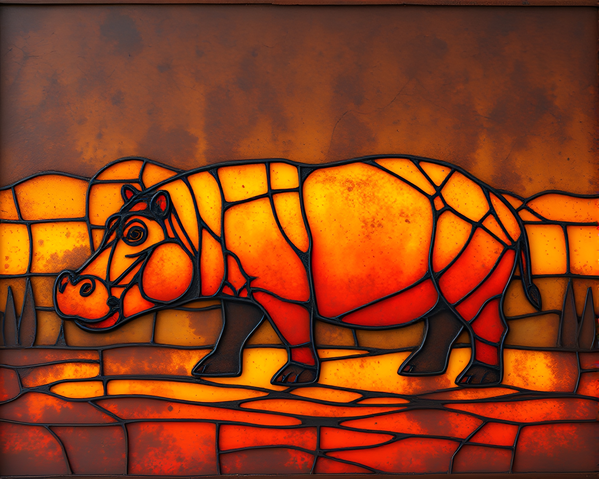 Hippopotamus at Sunset: Rust Patina Stained Glass Scene – free AI stock image