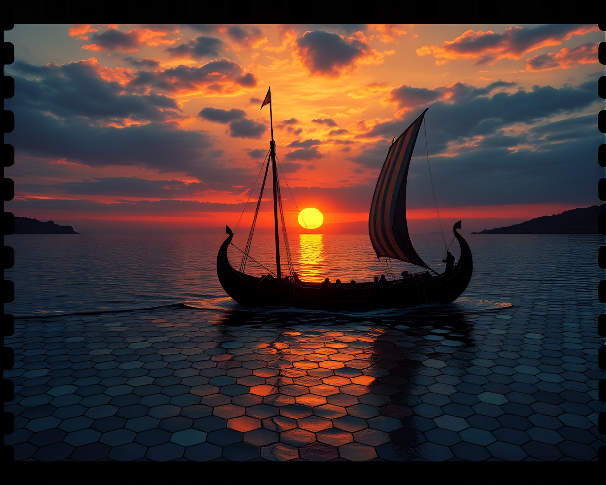 Viking longship sailing at sunset through hexagonal tiling – free AI stock image