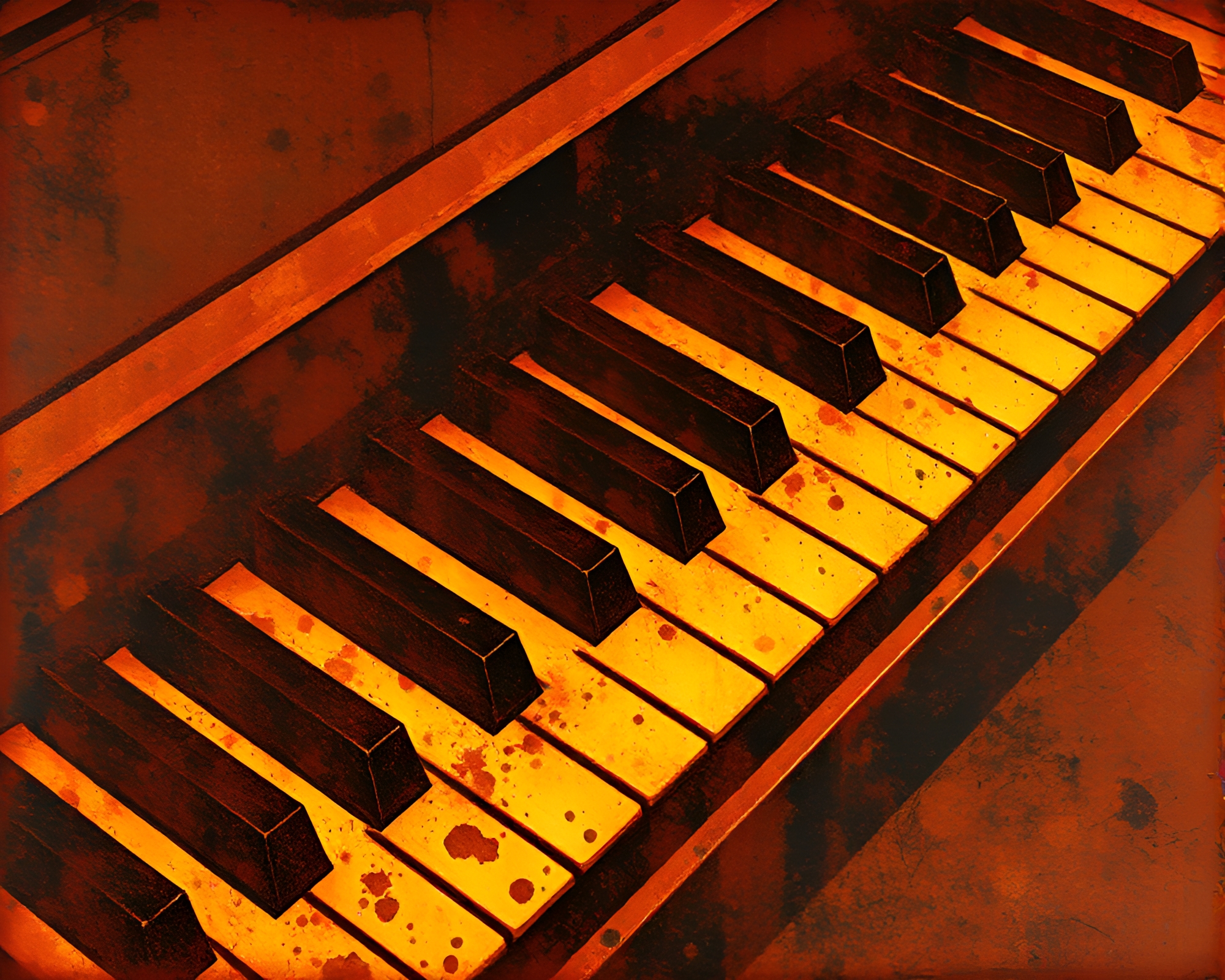Phosphorescent Piano Collage with Rust Stain Compositions – free AI stock image