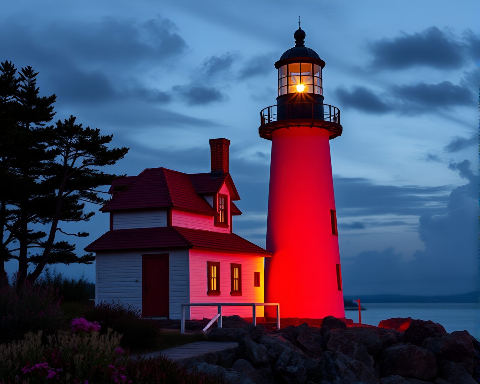 A stunning lighthouse with intricate ruby red beadwork accents